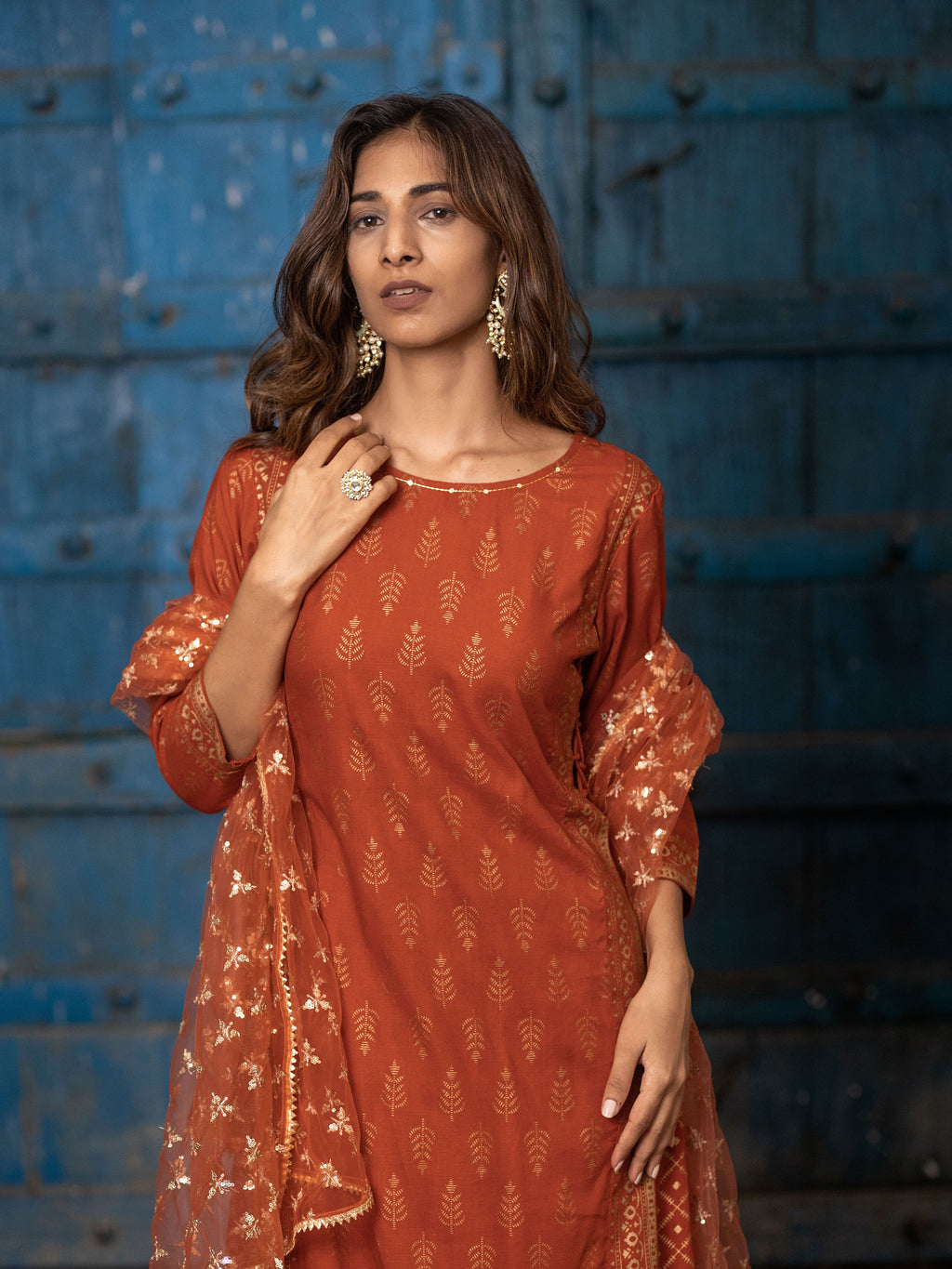 Rust Orange Gold Printed Straight Kurti with Side Tie-ups Paired with Sharara and Dupatta