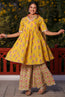 Cotton Flared V- neck Yellow Kurta Set