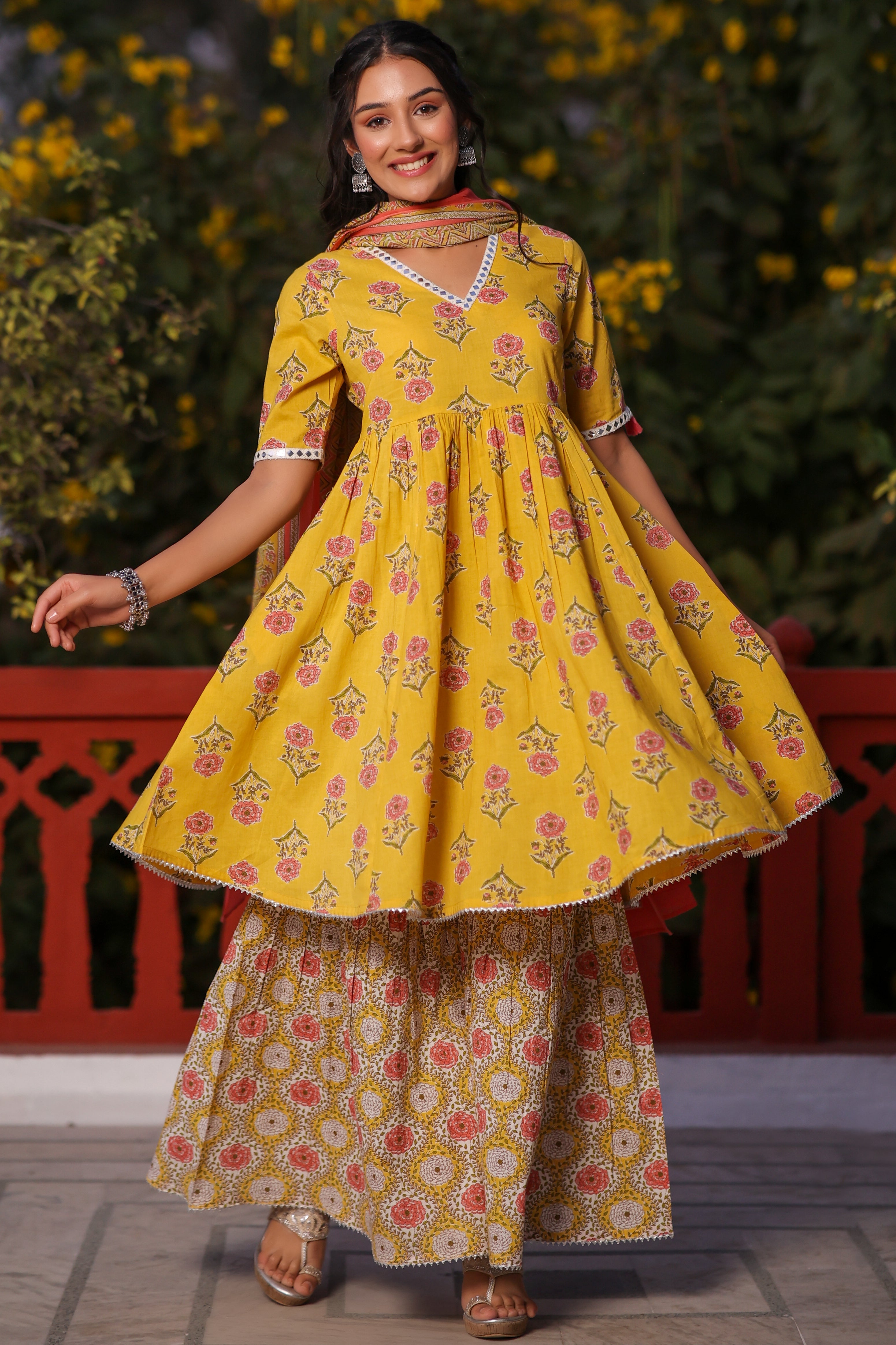 Cotton Flared V- neck Yellow Kurta Set