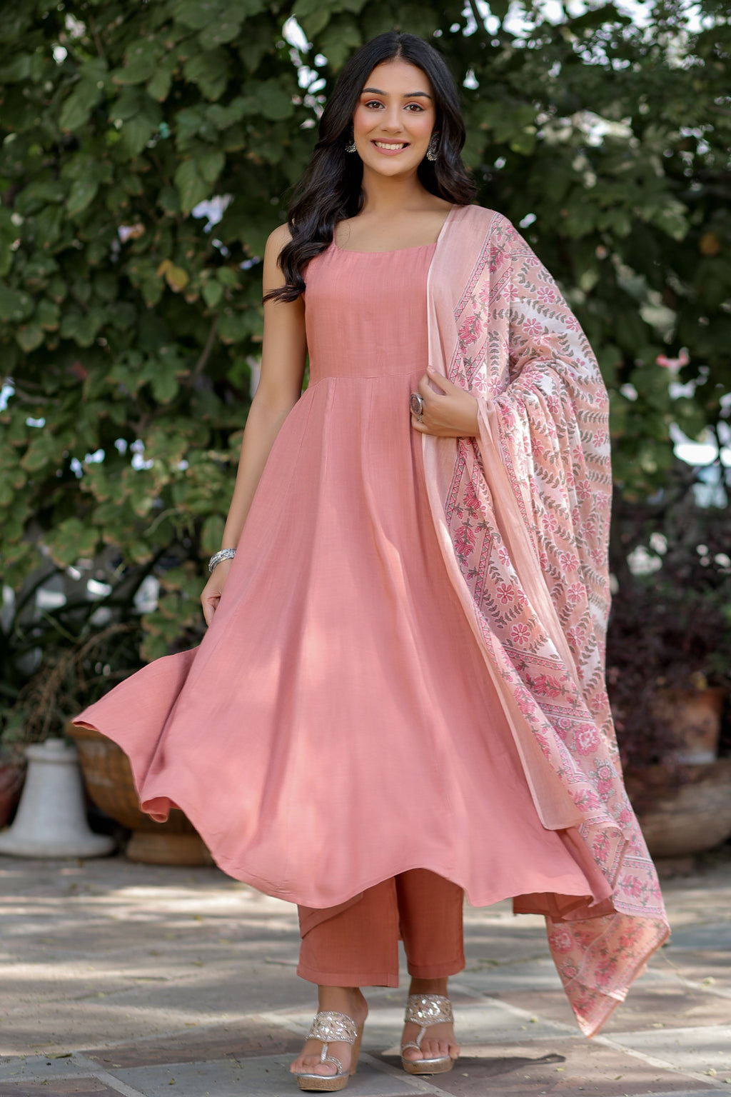 Rayon Flared Round neck Peach Kurta Set