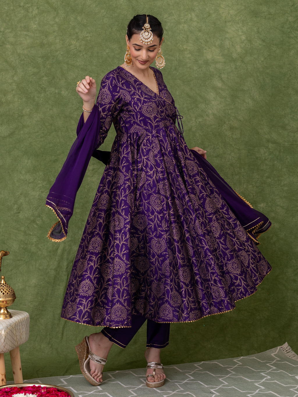 GOLD PRINTED PURPLE ANARKALI KURTA WITH PANT AND DUPATTA (SET OF 3)