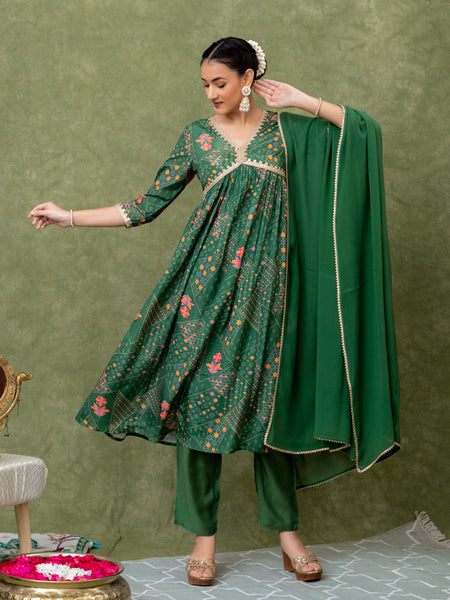 GREEN BANDHANI PRINT KURTA SET