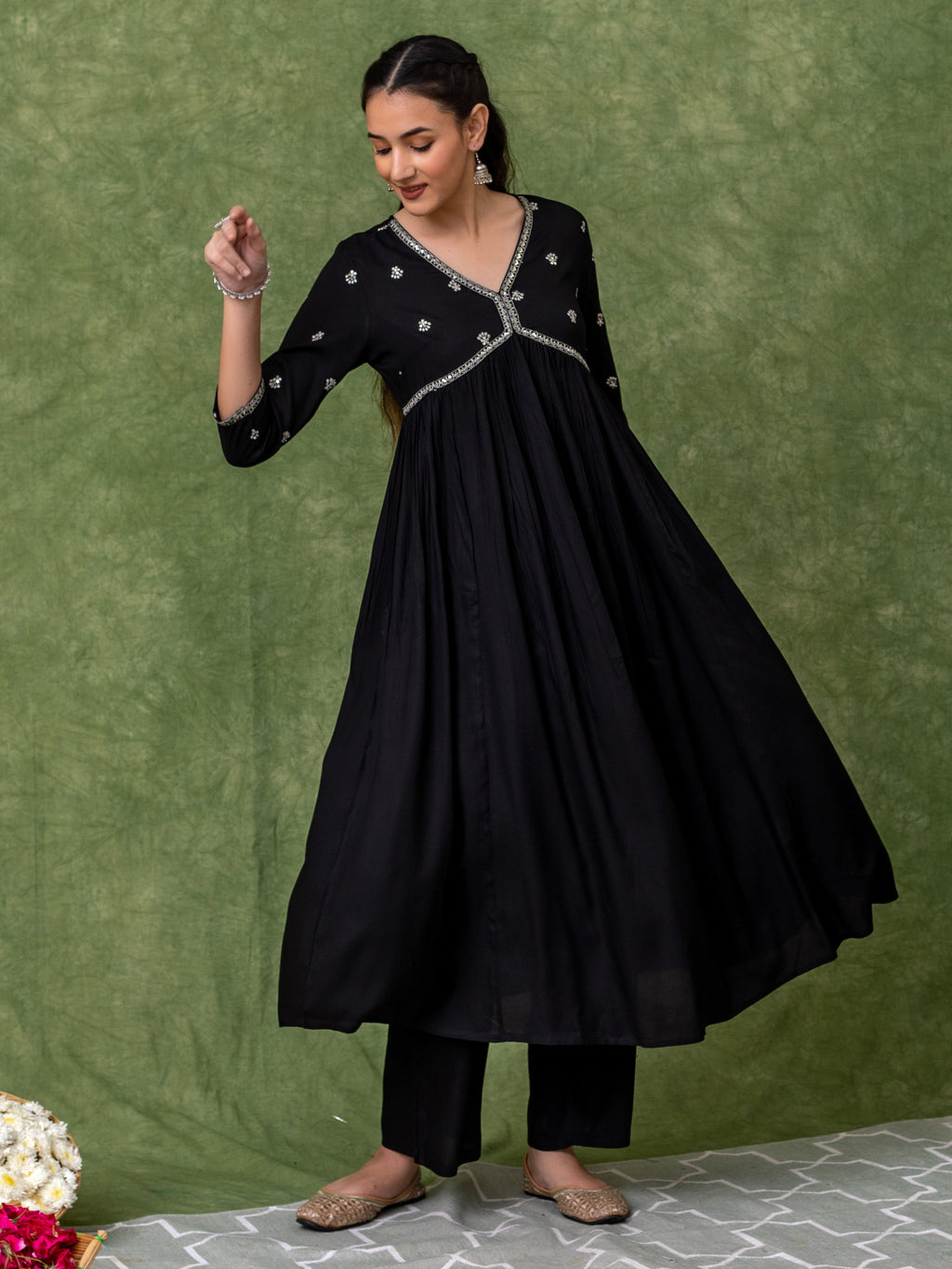 Embroidered Black Alia cut Kurta sets.