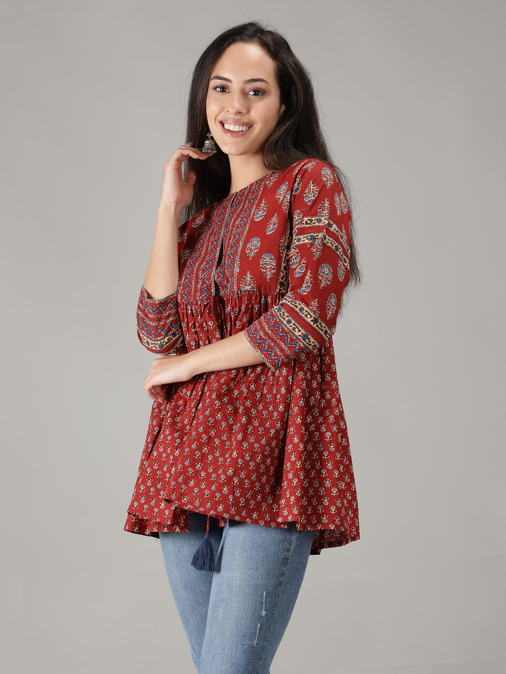 Maroon Cotton Printed Short Flared  Top