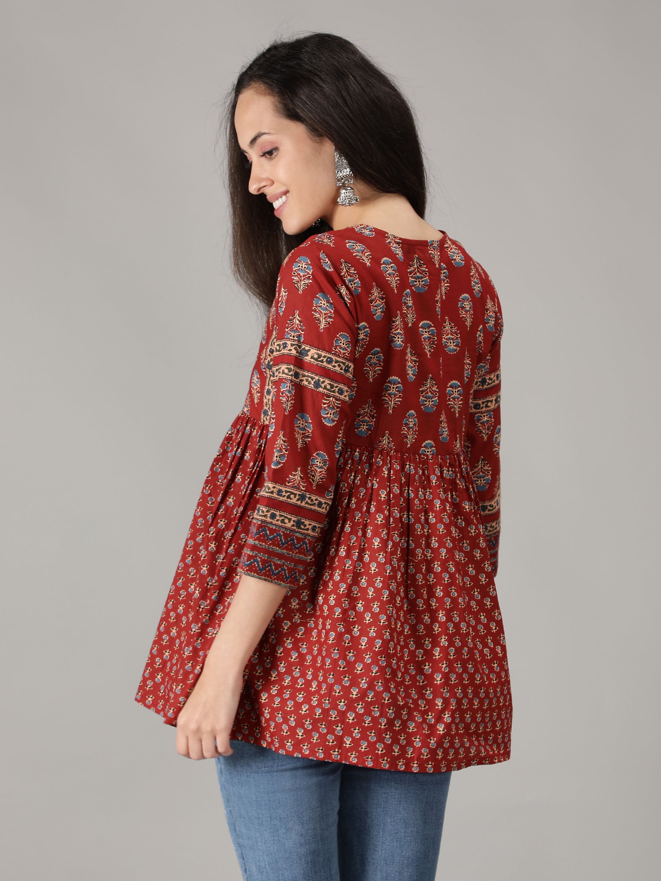 Maroon Cotton Printed Short Flared  Top