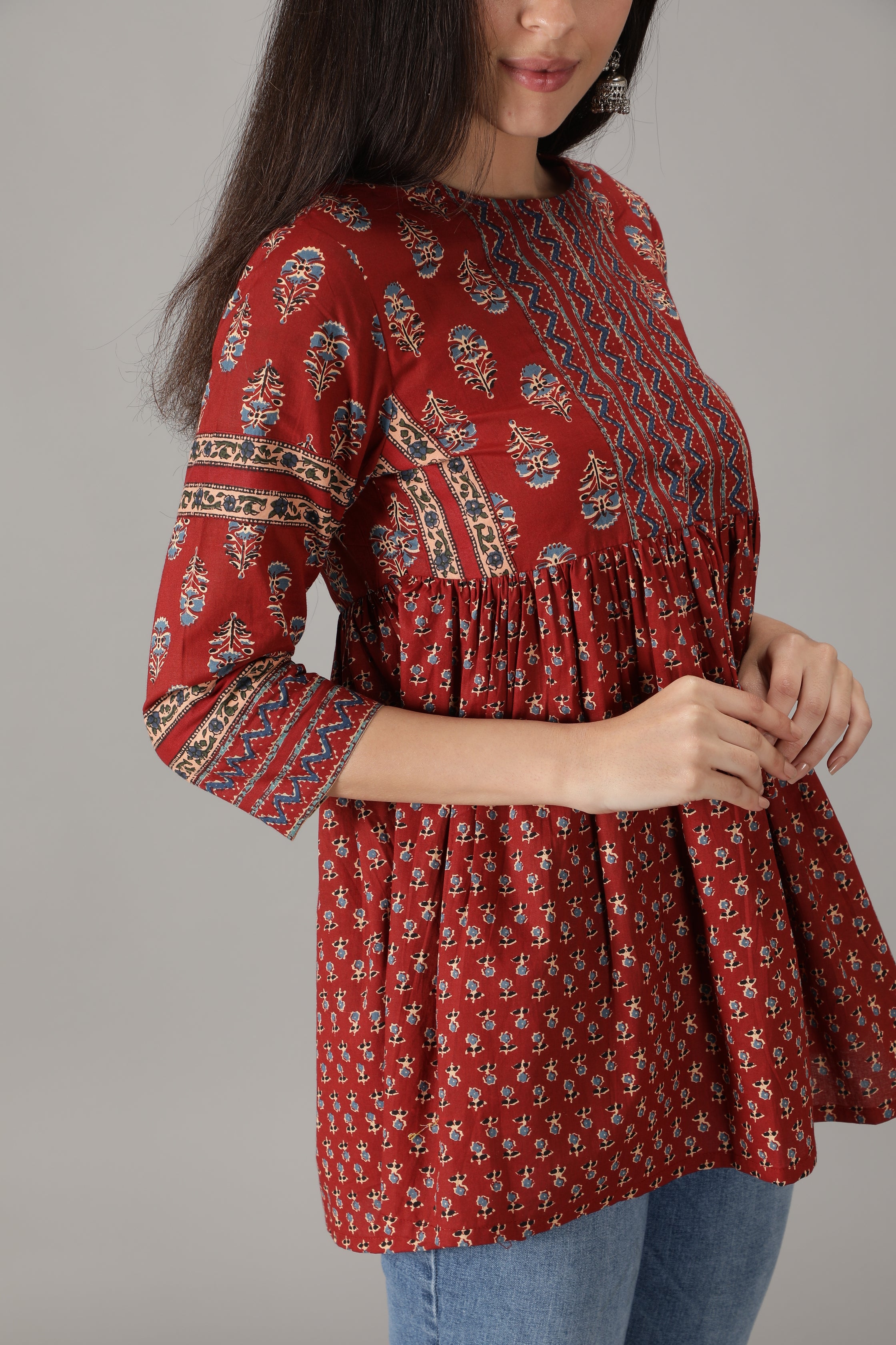 Maroon Cotton Printed Short Flared  Top