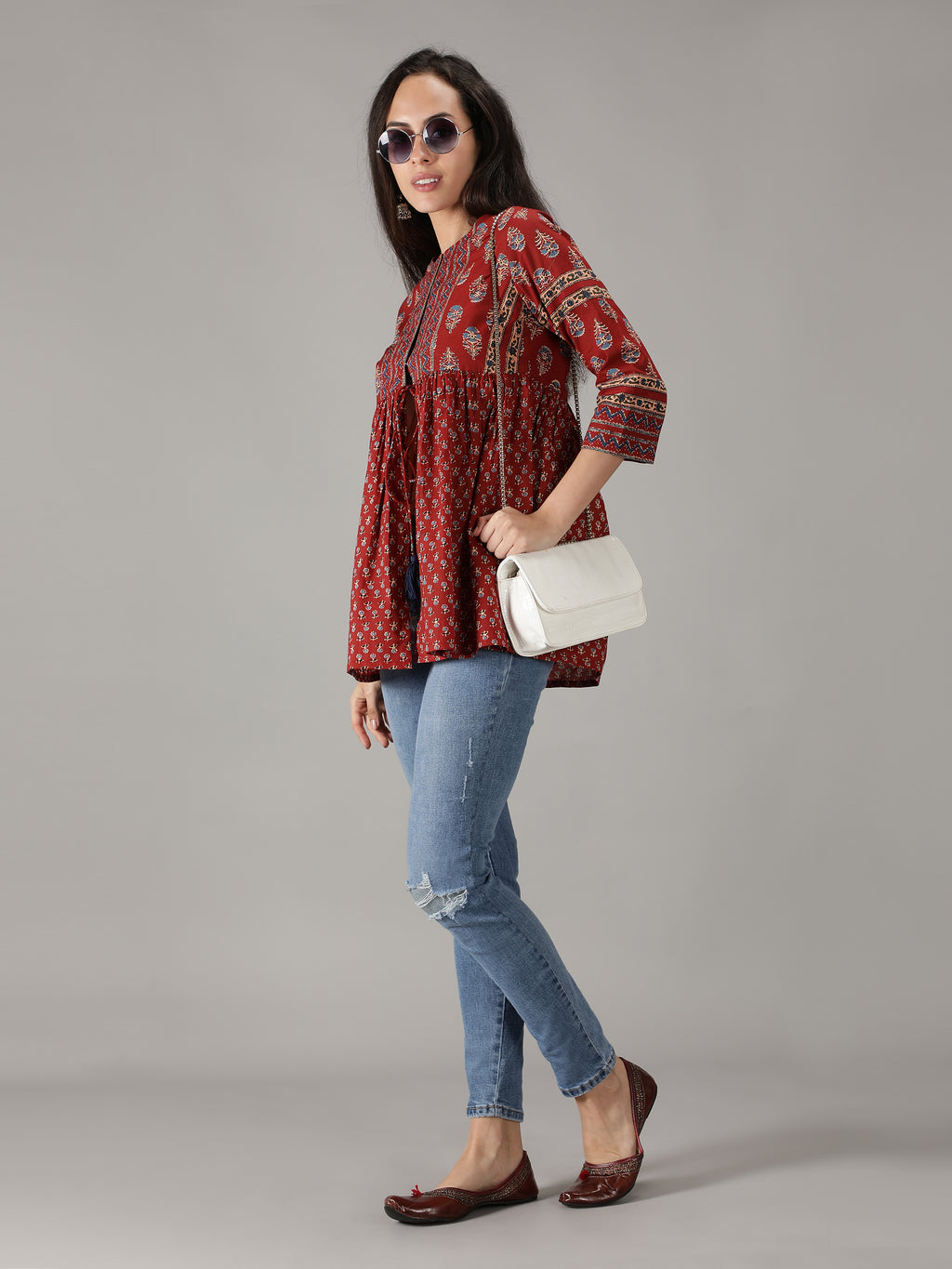 Maroon Cotton Printed Short Flared  Top