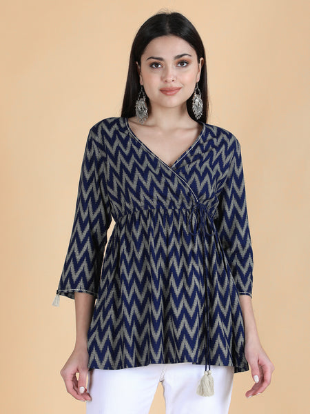 Blue Viscose Printed Short Angrakha Top