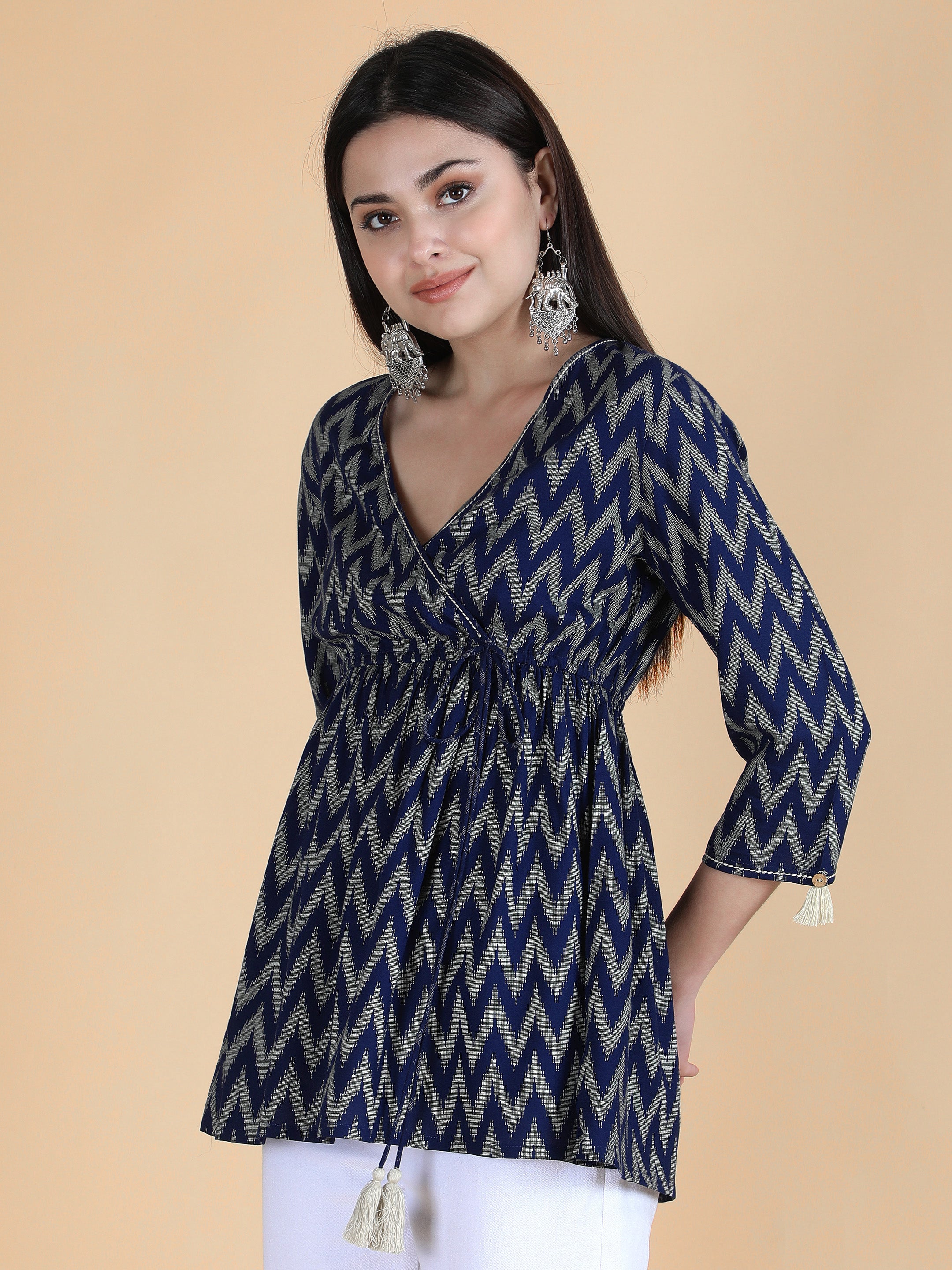 Blue Viscose Printed Short Angrakha Top