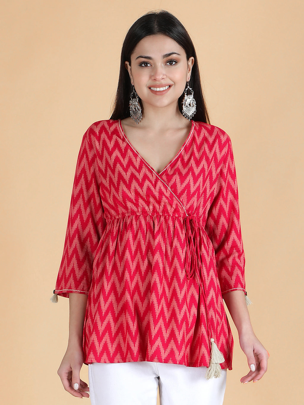 Pink Viscose Printed Short Angrakha Top