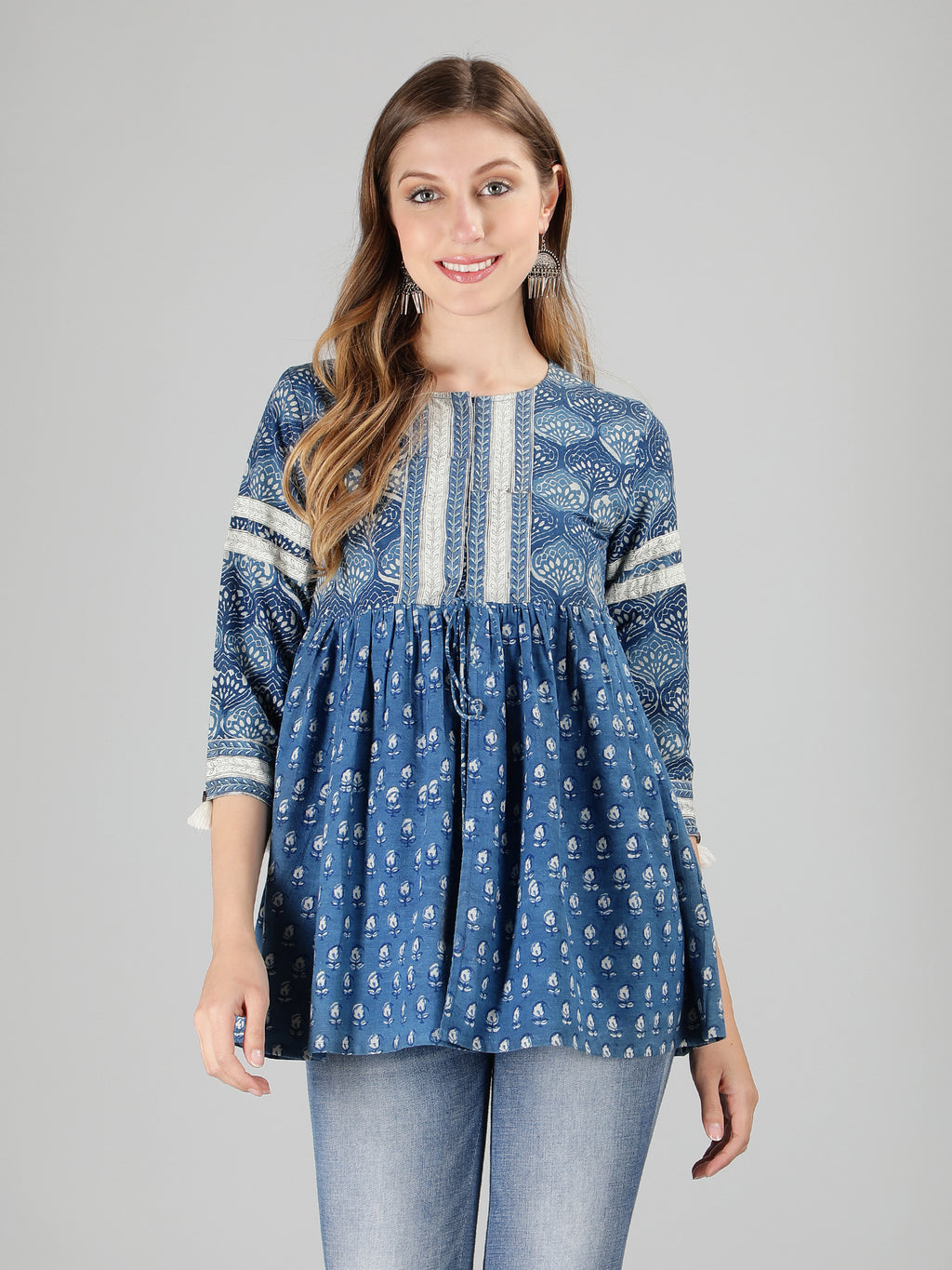 Indigo Cotton Printed Flared Top