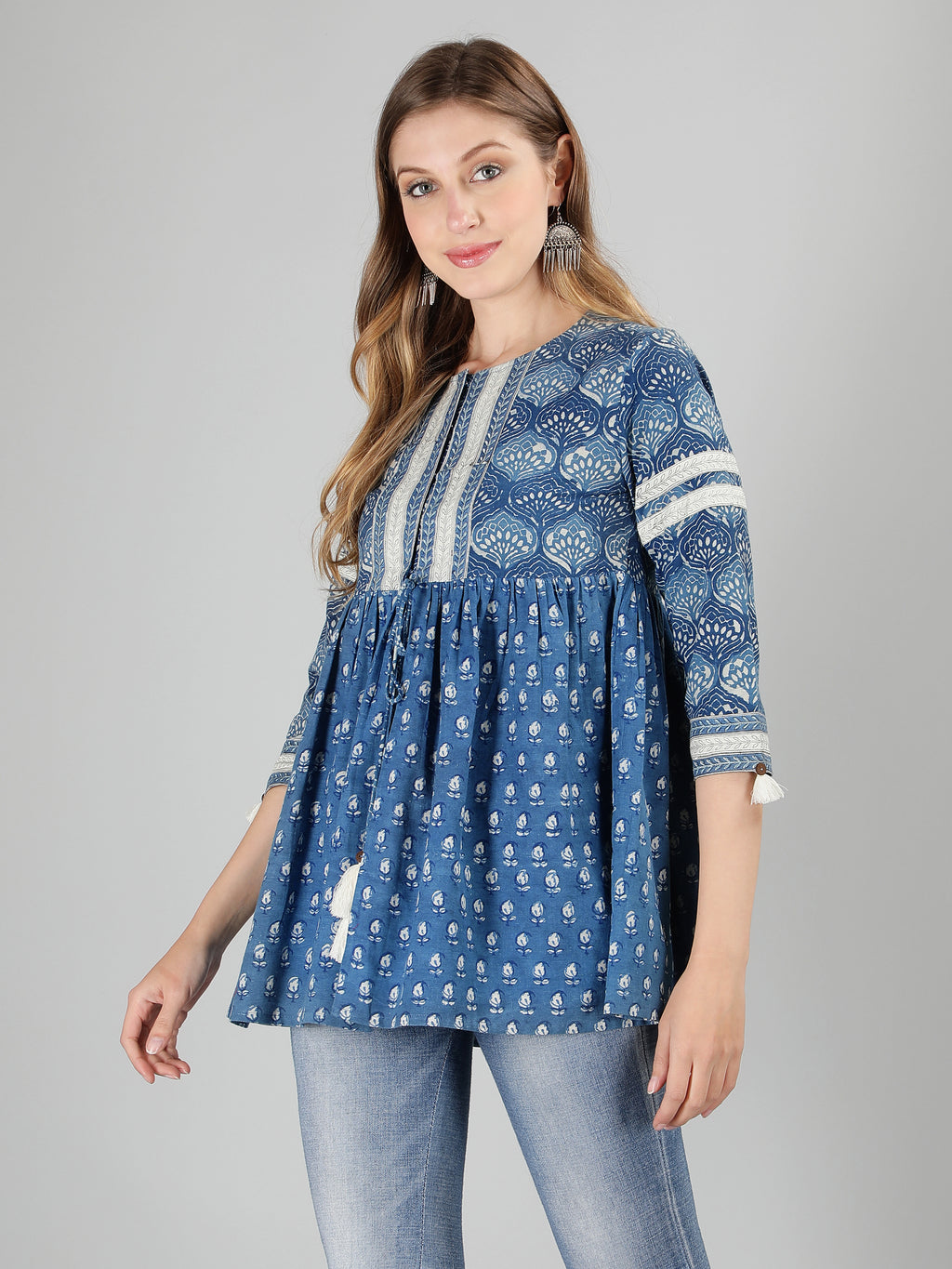 Indigo Cotton Printed Flared Top