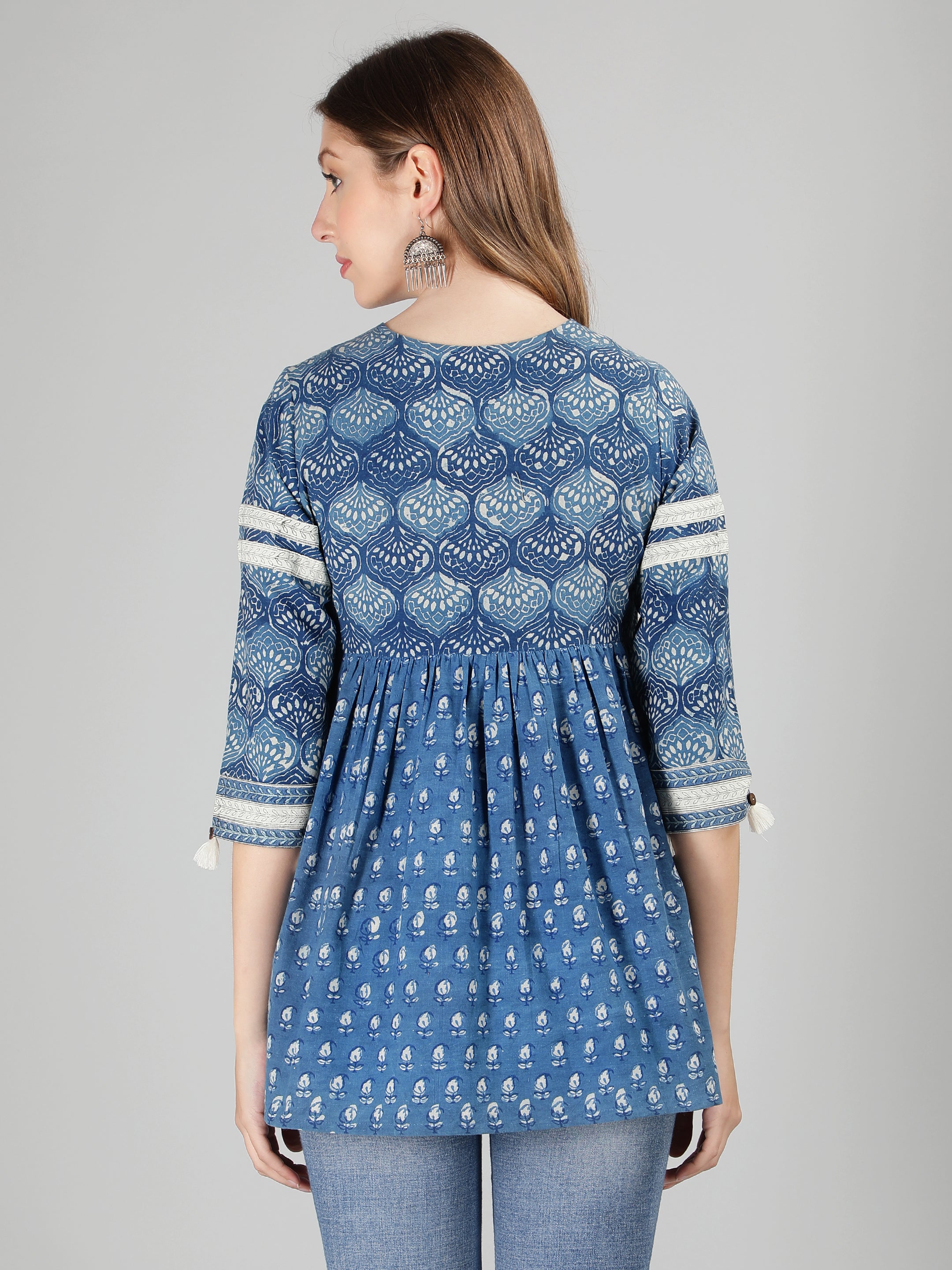 Indigo Cotton Printed Flared Top