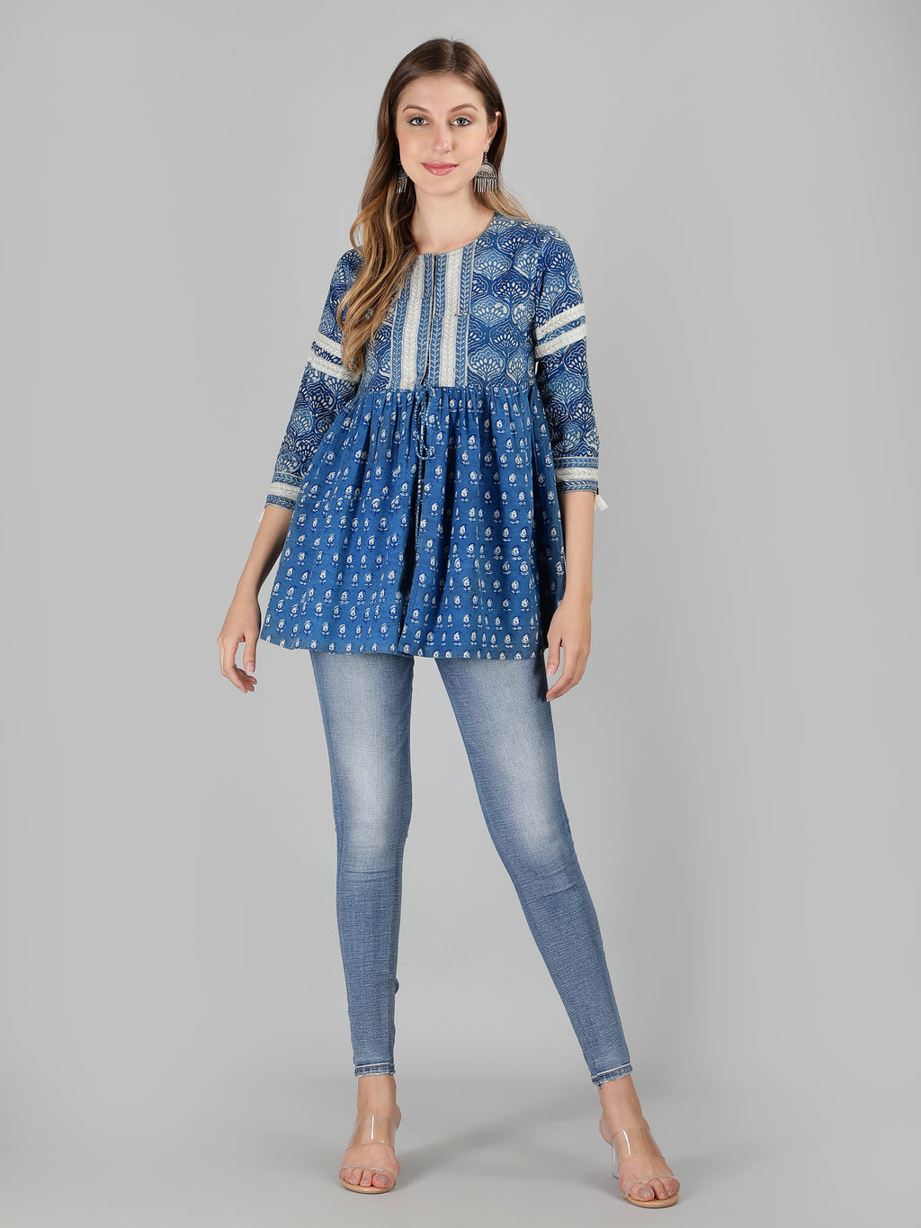 Indigo Cotton Printed Flared Top