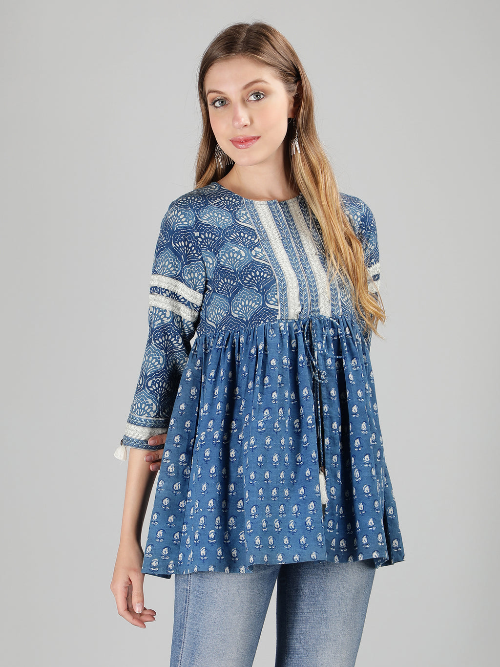 Indigo Cotton Printed Flared Top