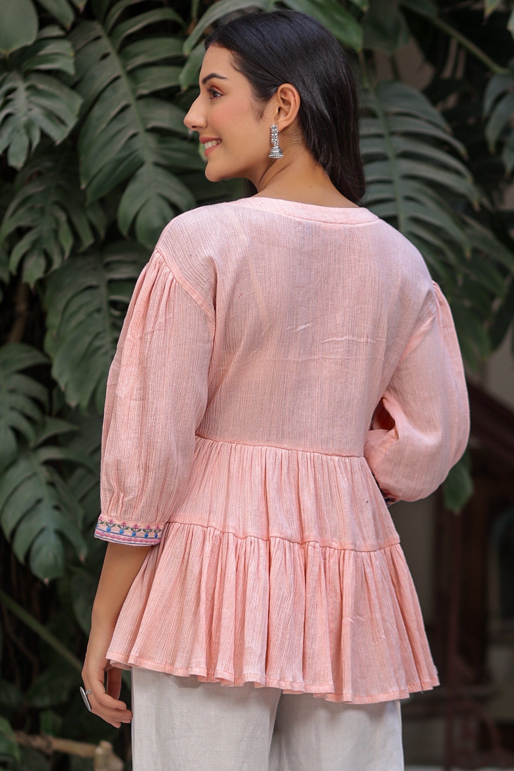 Rayon Paplum style Round neck Peach Ethnic top