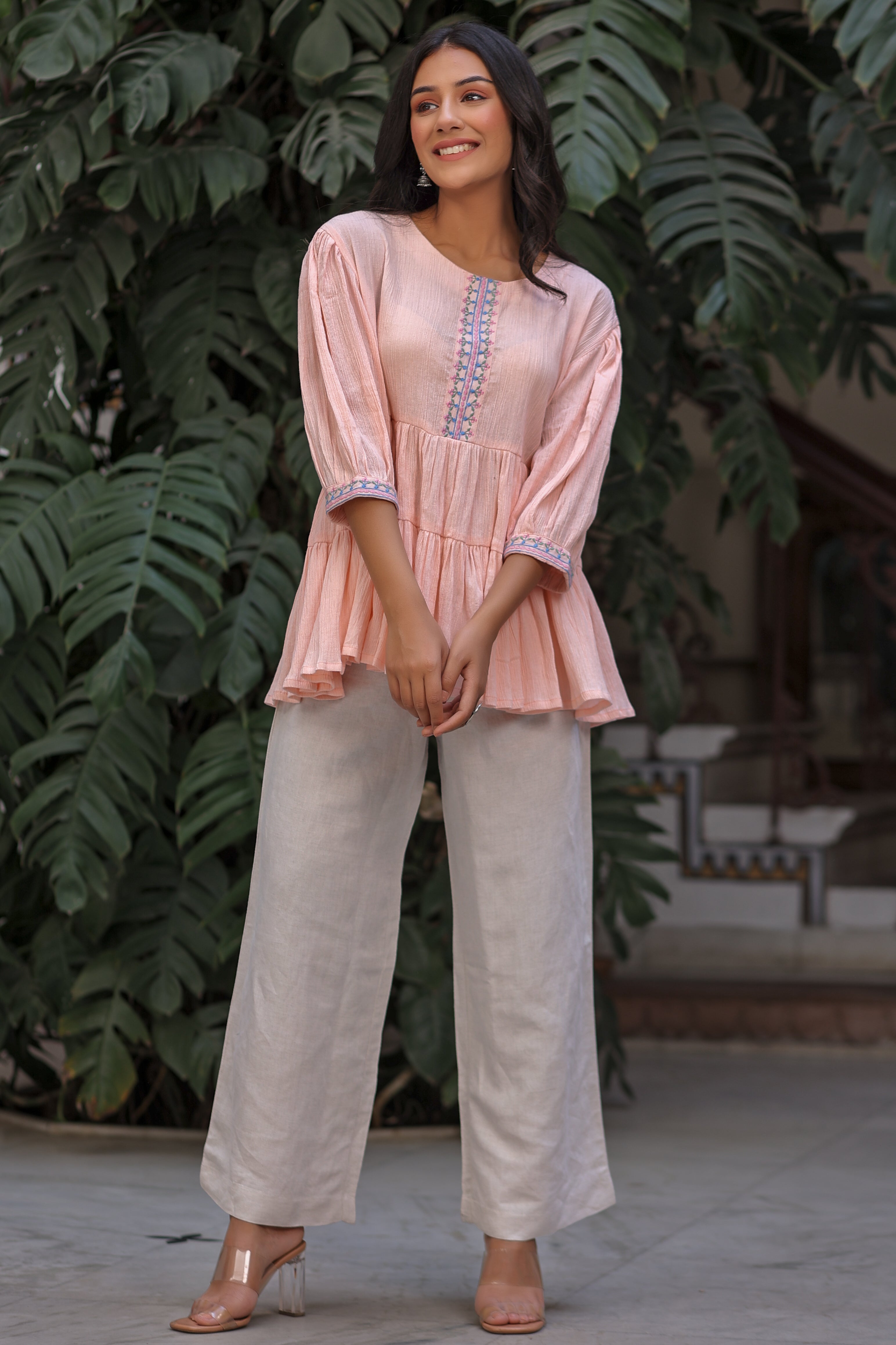 Rayon Paplum style Round neck Peach Ethnic top