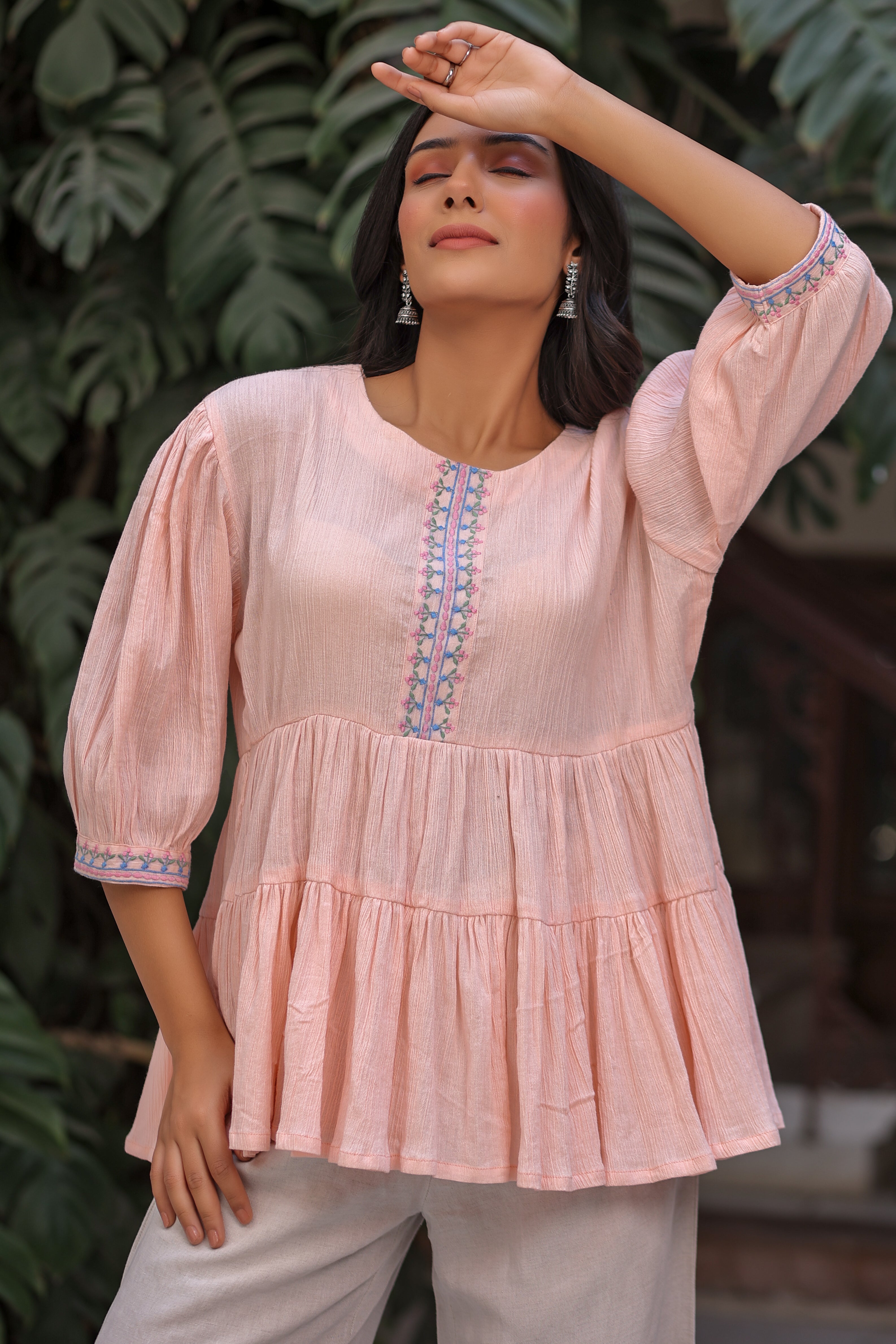Rayon Paplum style Round neck Peach Ethnic top