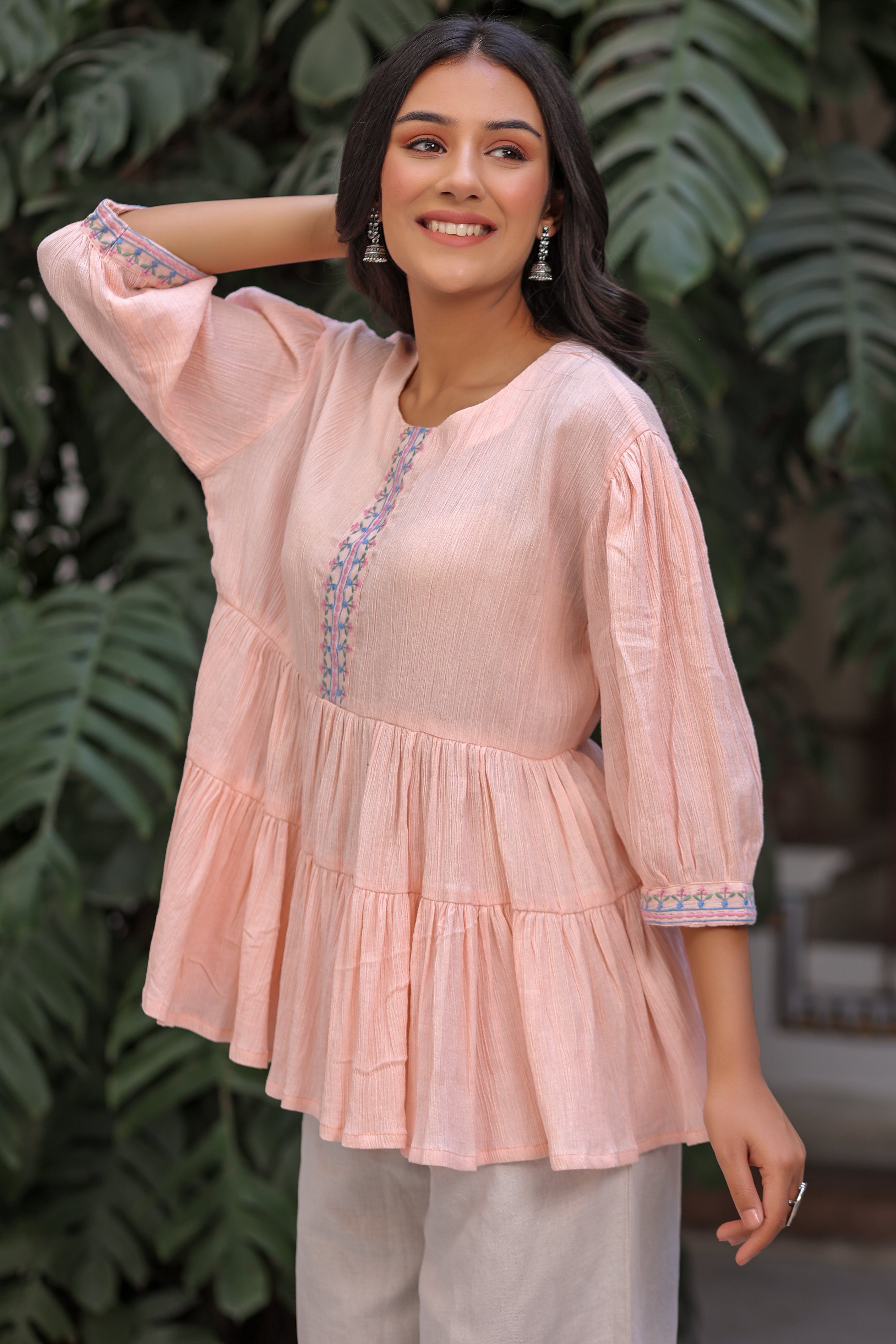 Rayon Paplum style Round neck Peach Ethnic top