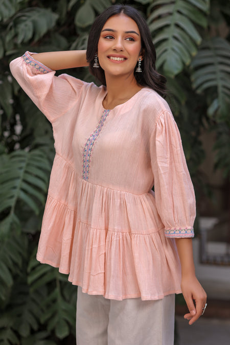 Rayon Paplum style Round neck Peach Ethnic top