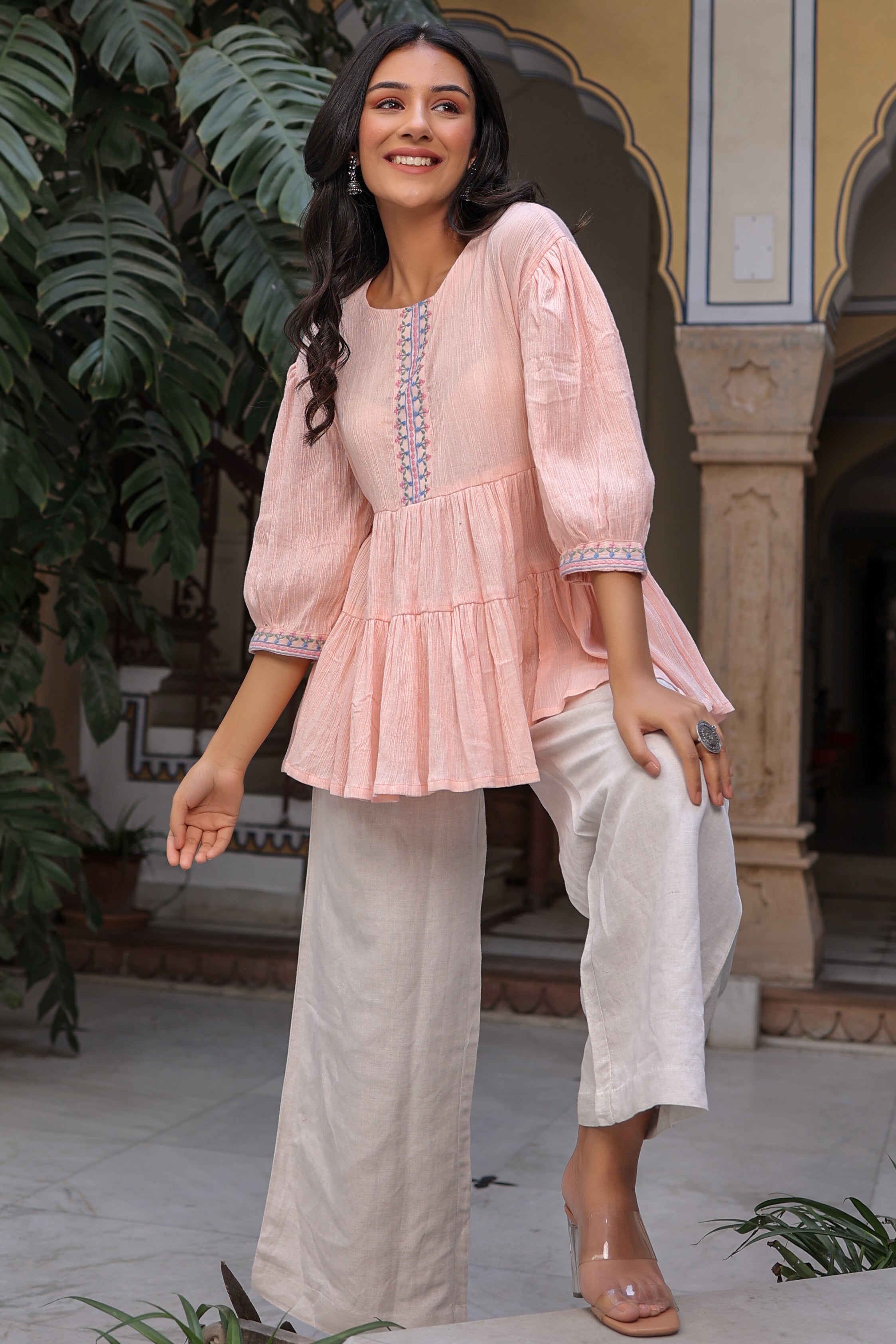 Rayon Paplum style Round neck Peach Ethnic top