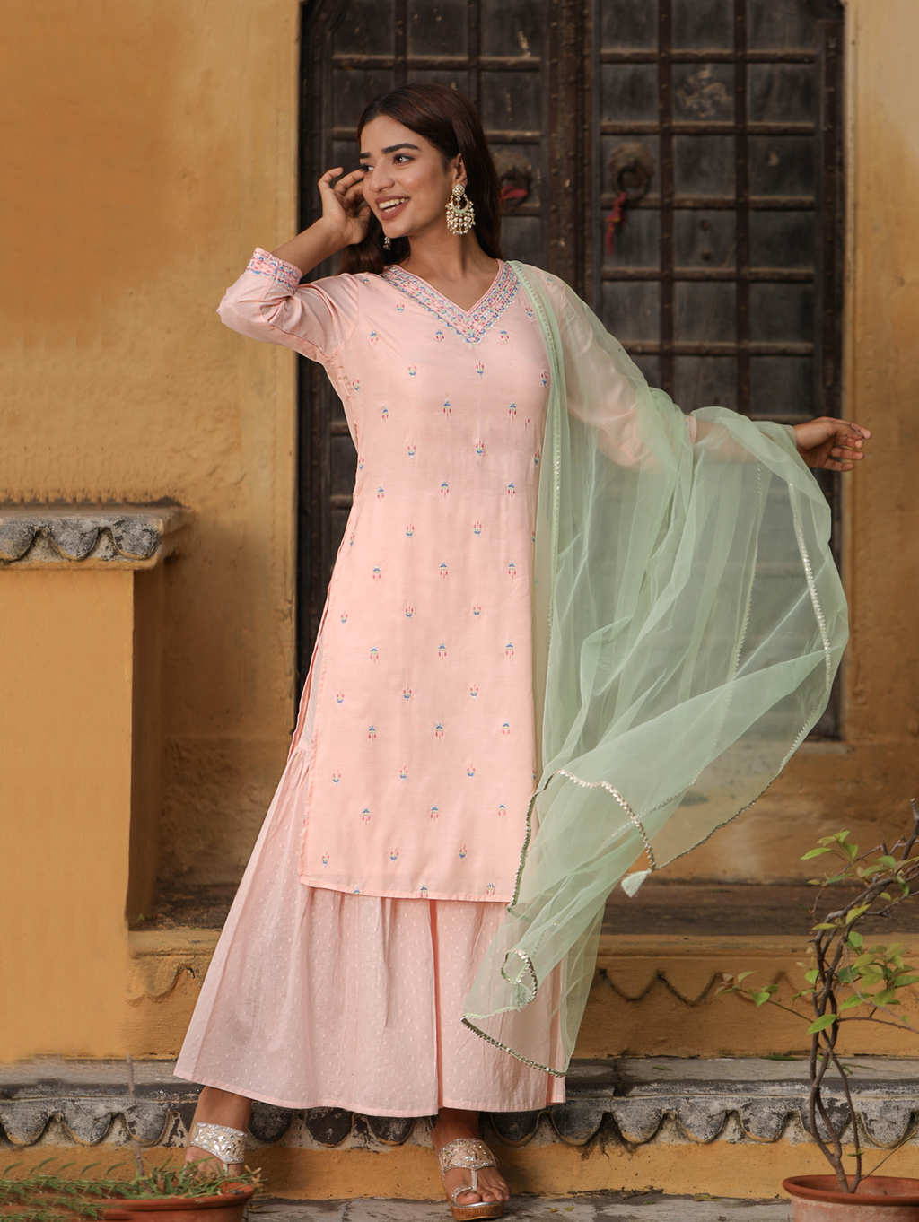 Peach Viscose Embroidered Straight Kurta With Palazzo