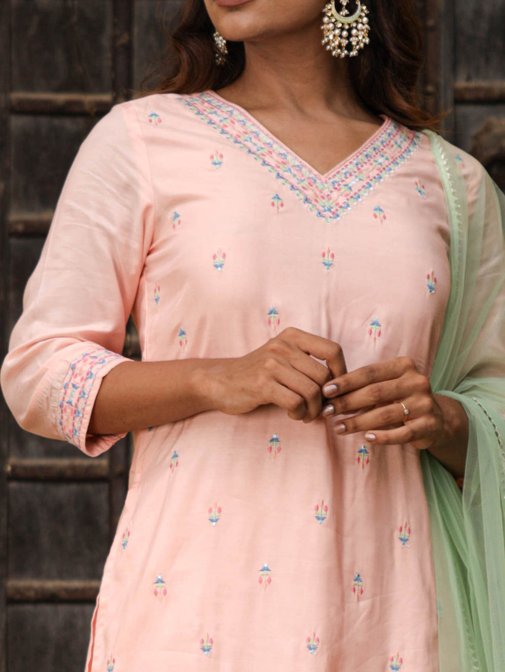 Peach Viscose Embroidered Straight Kurta With Palazzo