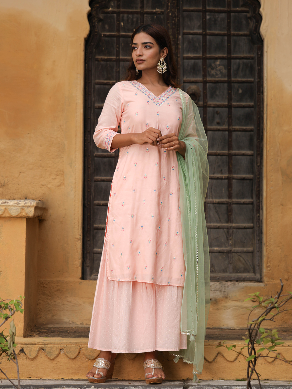 Peach Viscose Embroidered Straight Kurta With Palazzo