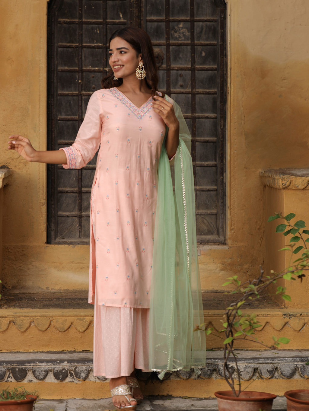 Peach Viscose Embroidered Straight Kurta With Palazzo