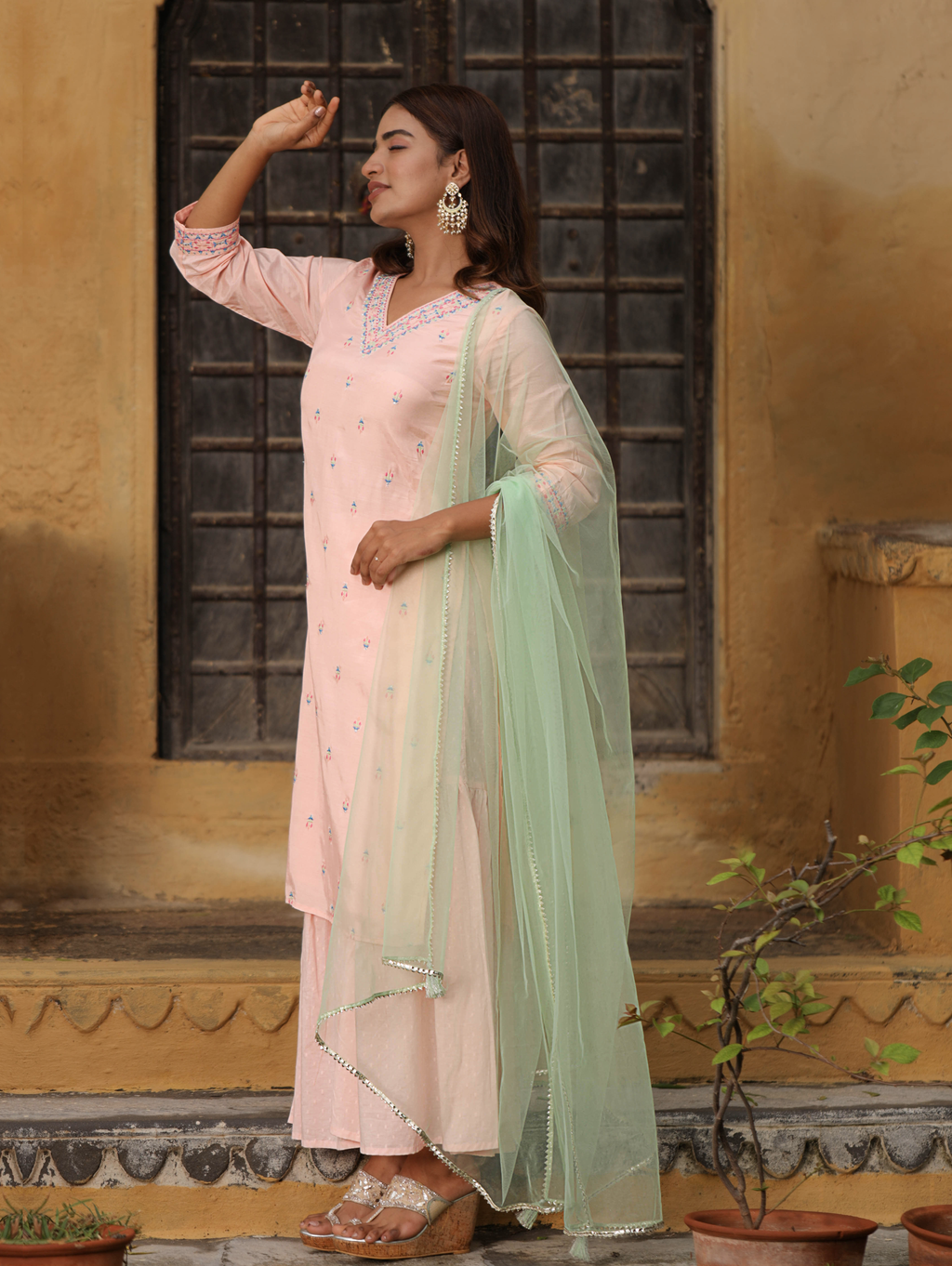 Peach Viscose Embroidered Straight Kurta With Palazzo