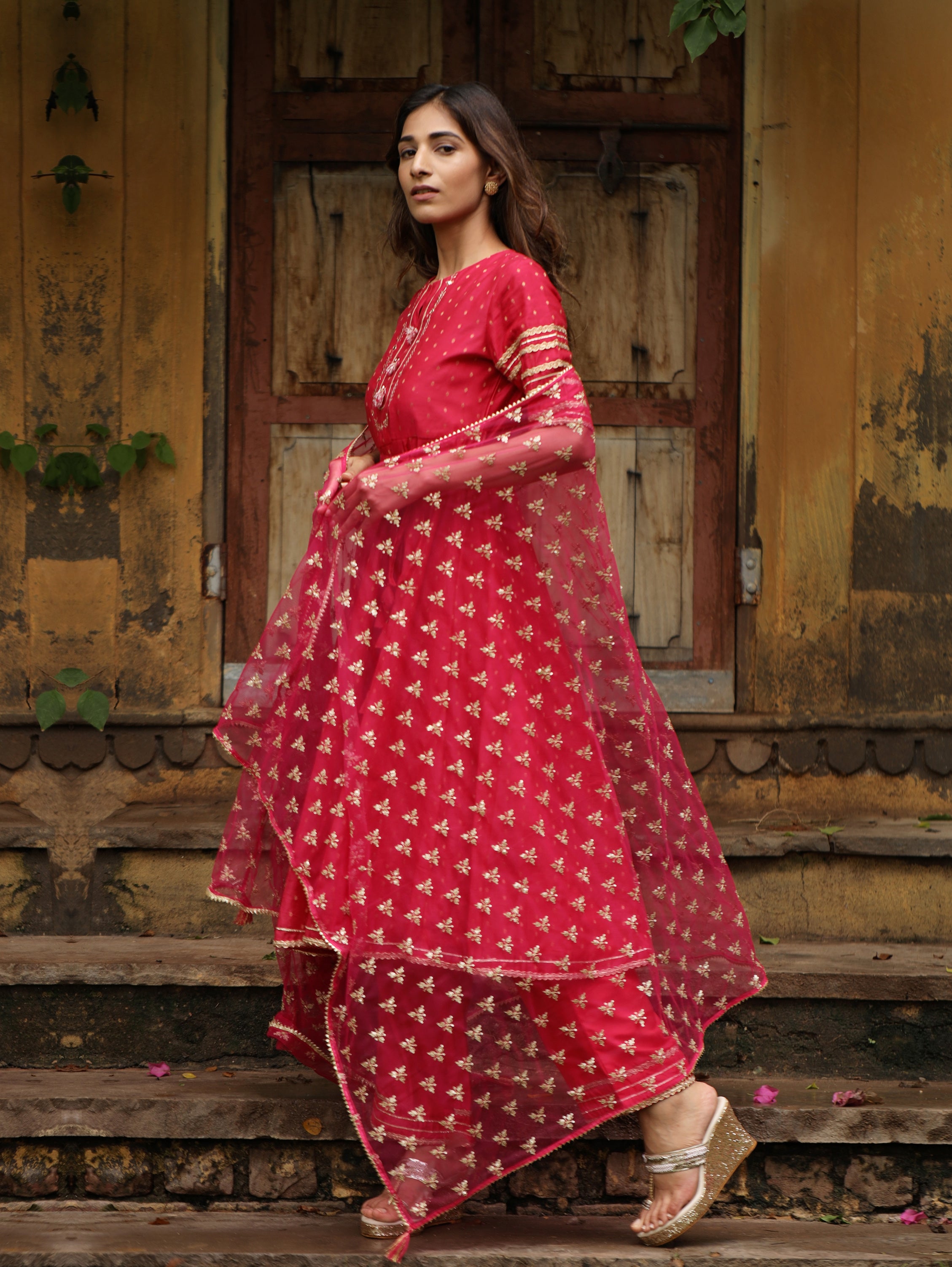 Pink Jacquard Embroidered Anarkali with Straight Pant Paired with Dupatta