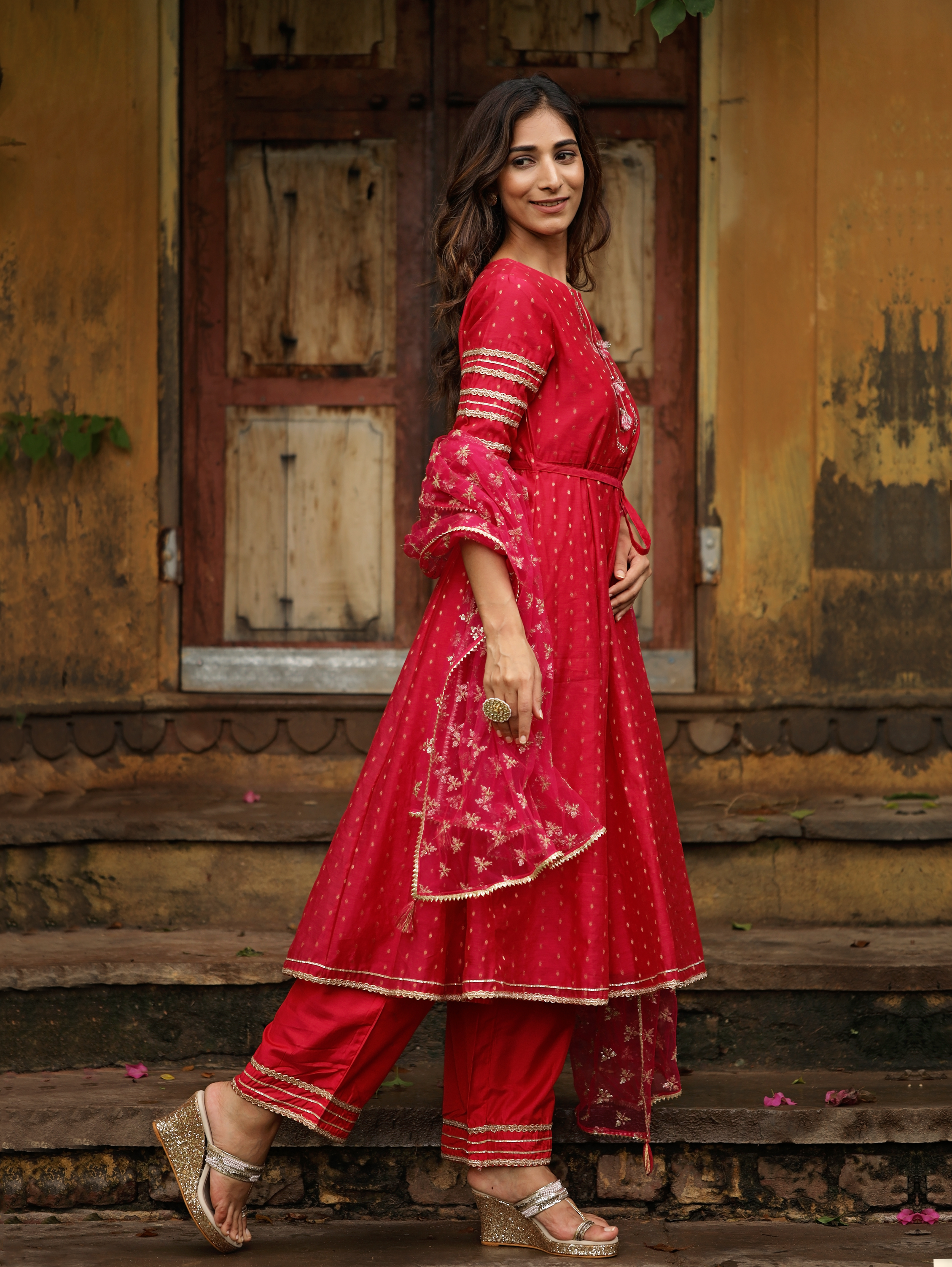 Pink Jacquard Embroidered Anarkali with Straight Pant Paired with Dupatta