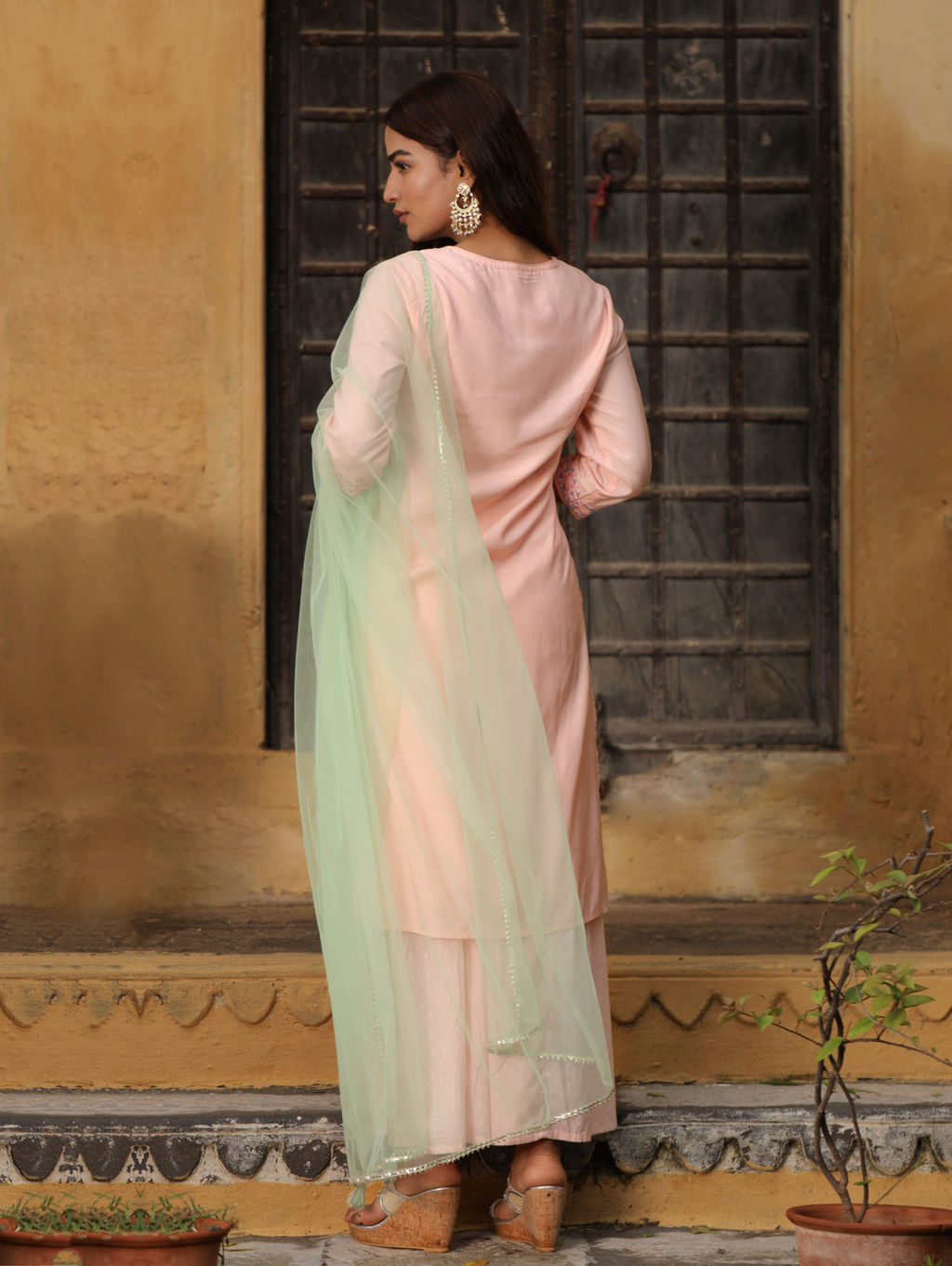 Peach Viscose Embroidered Straight Kurta With Palazzo