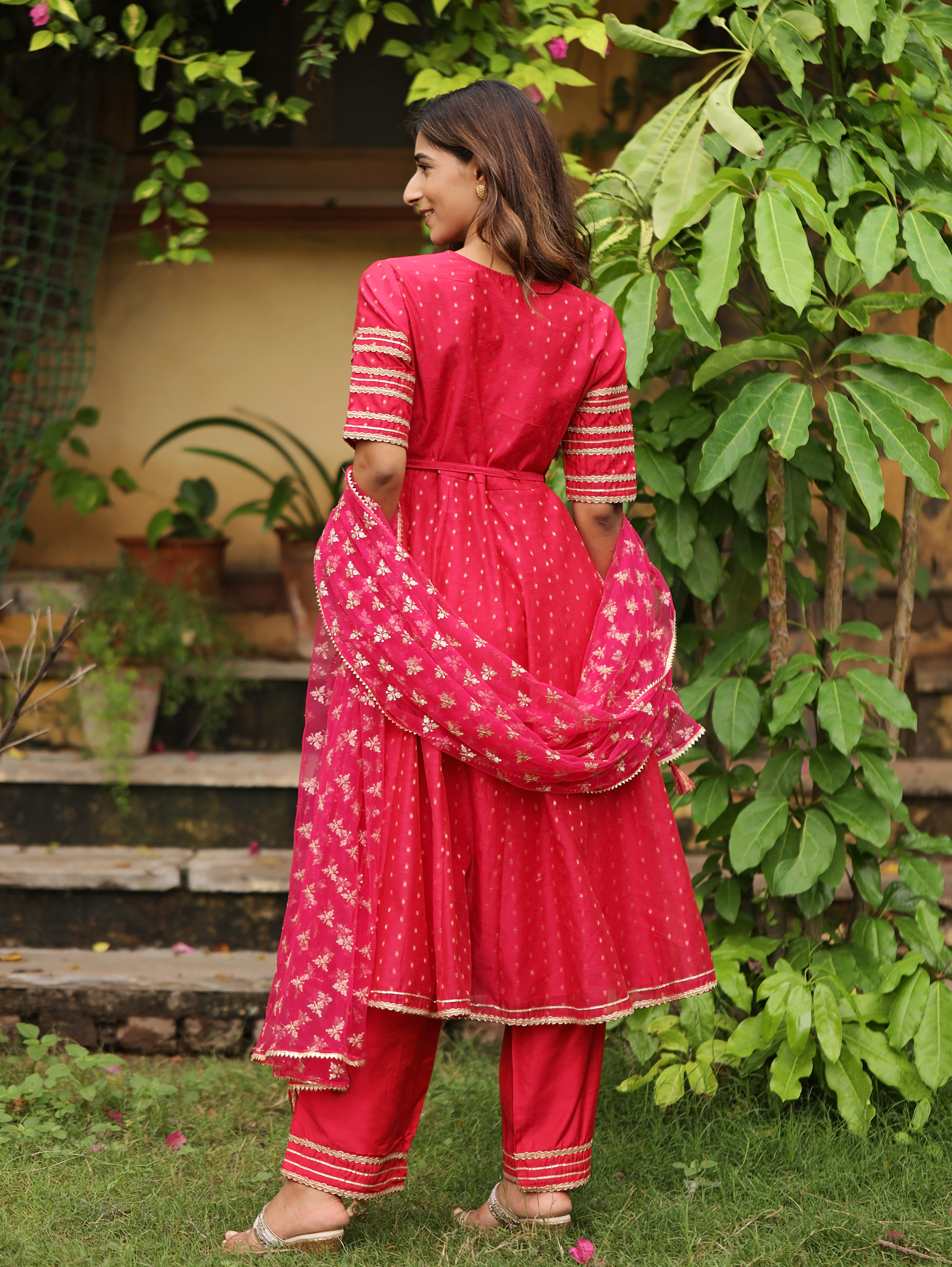 Pink Jacquard Embroidered Anarkali with Straight Pant Paired with Dupatta