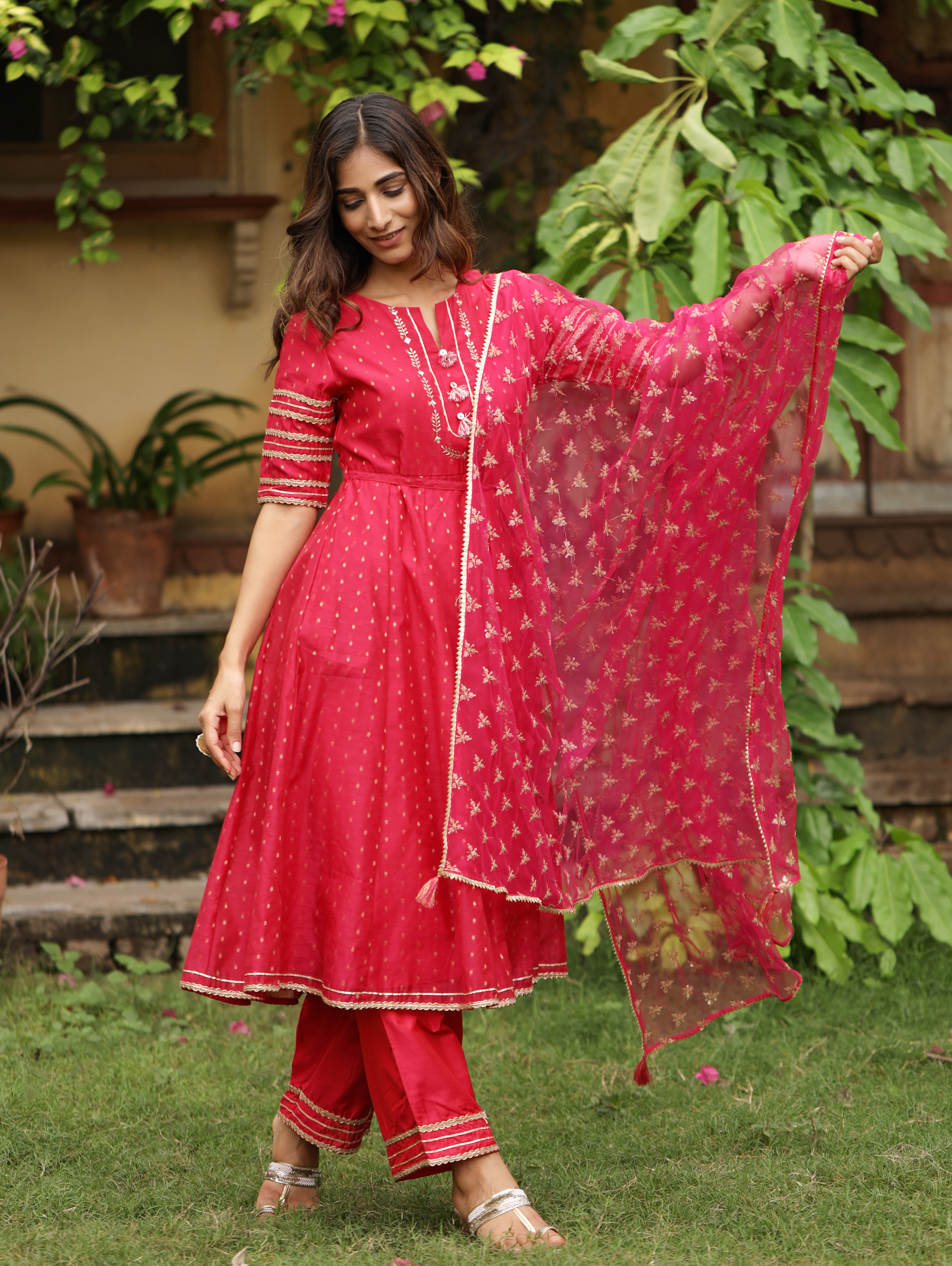 Pink Jacquard Embroidered Anarkali with Straight Pant Paired with Dupatta