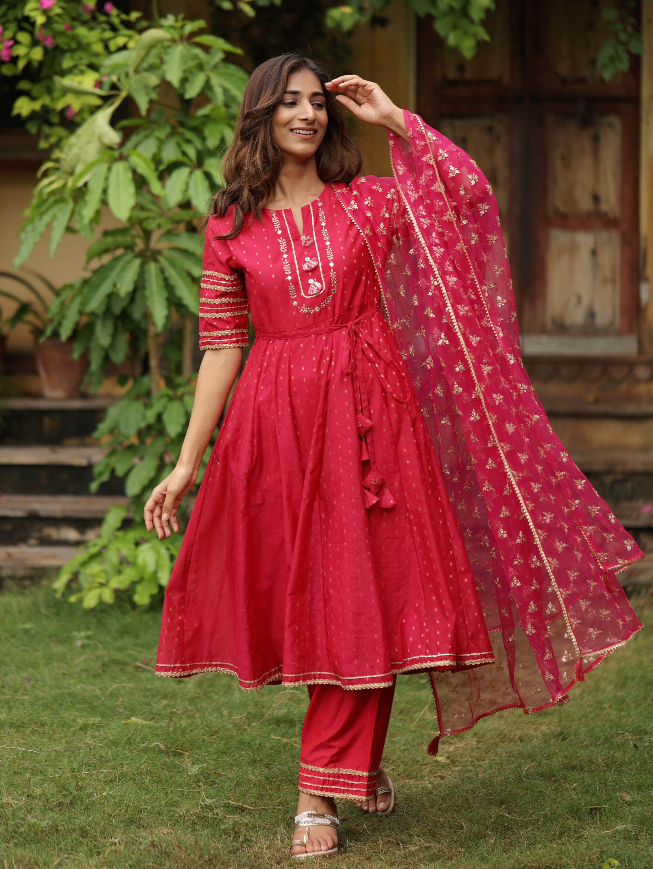 Pink Jacquard Embroidered Anarkali with Straight Pant Paired with Dupatta