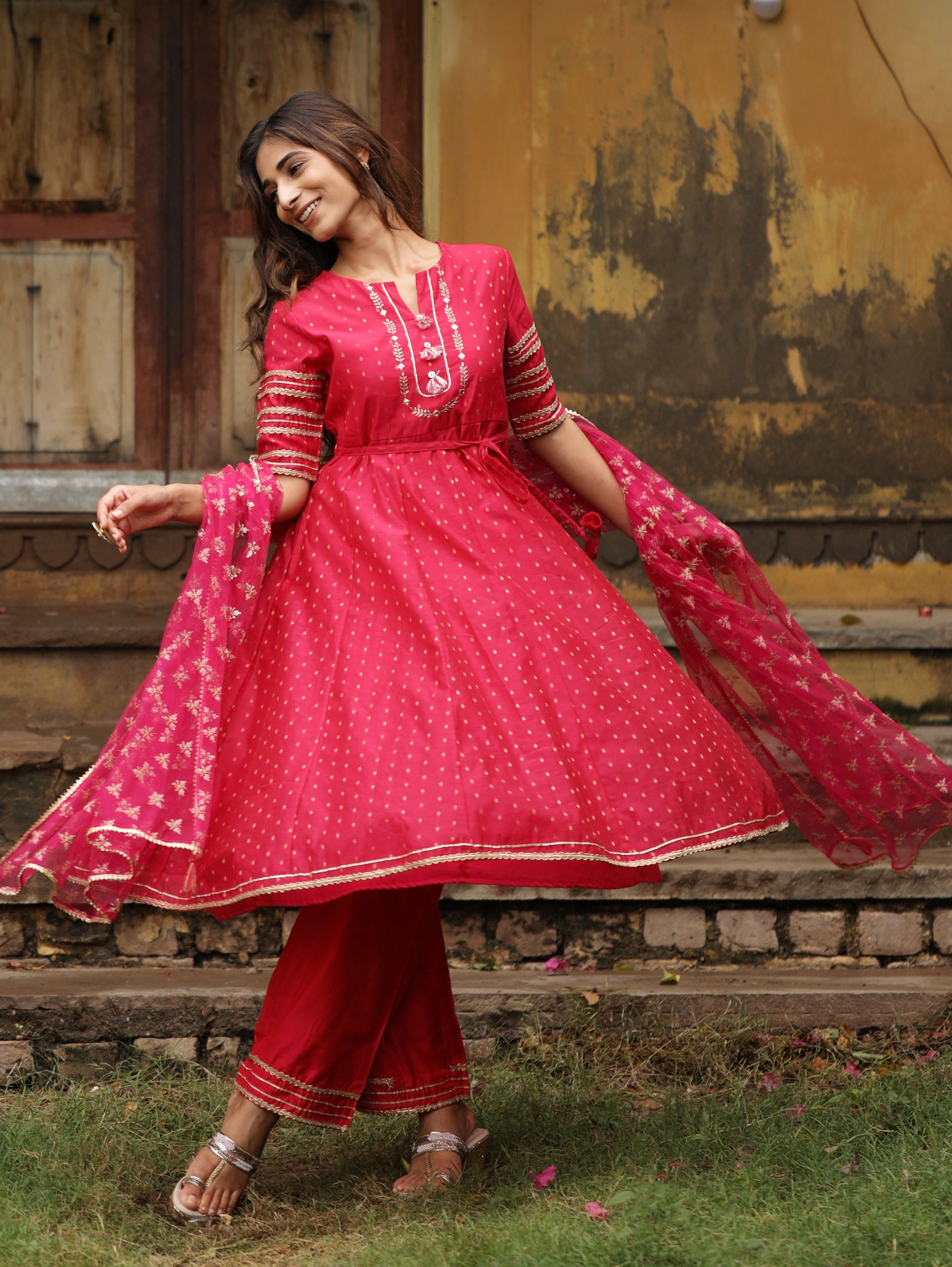 Pink Jacquard Embroidered Anarkali with Straight Pant Paired with Dupatta