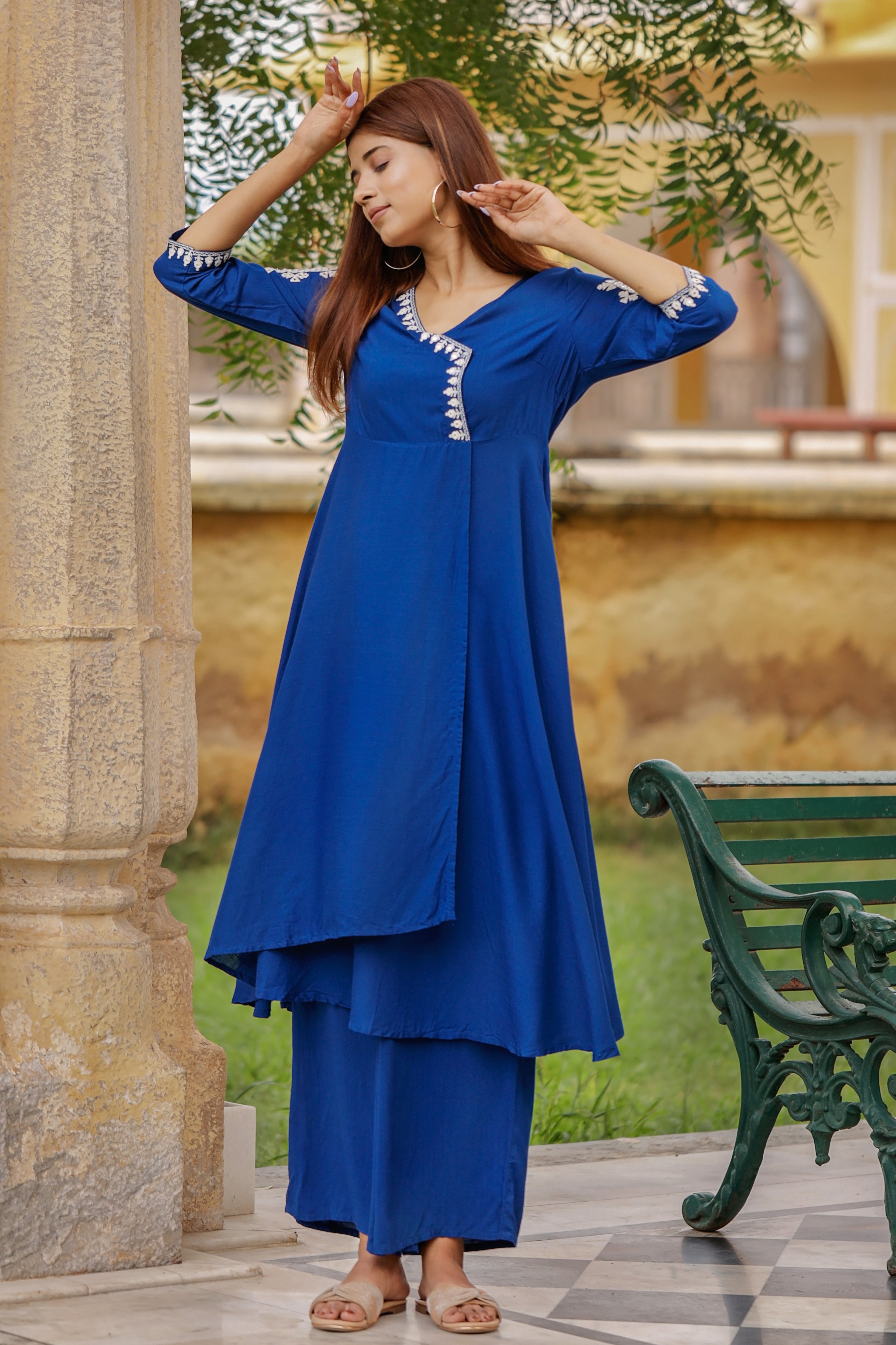 blue-viscose-embroidered-asymmetrical-wrap-around-dress-with-pant