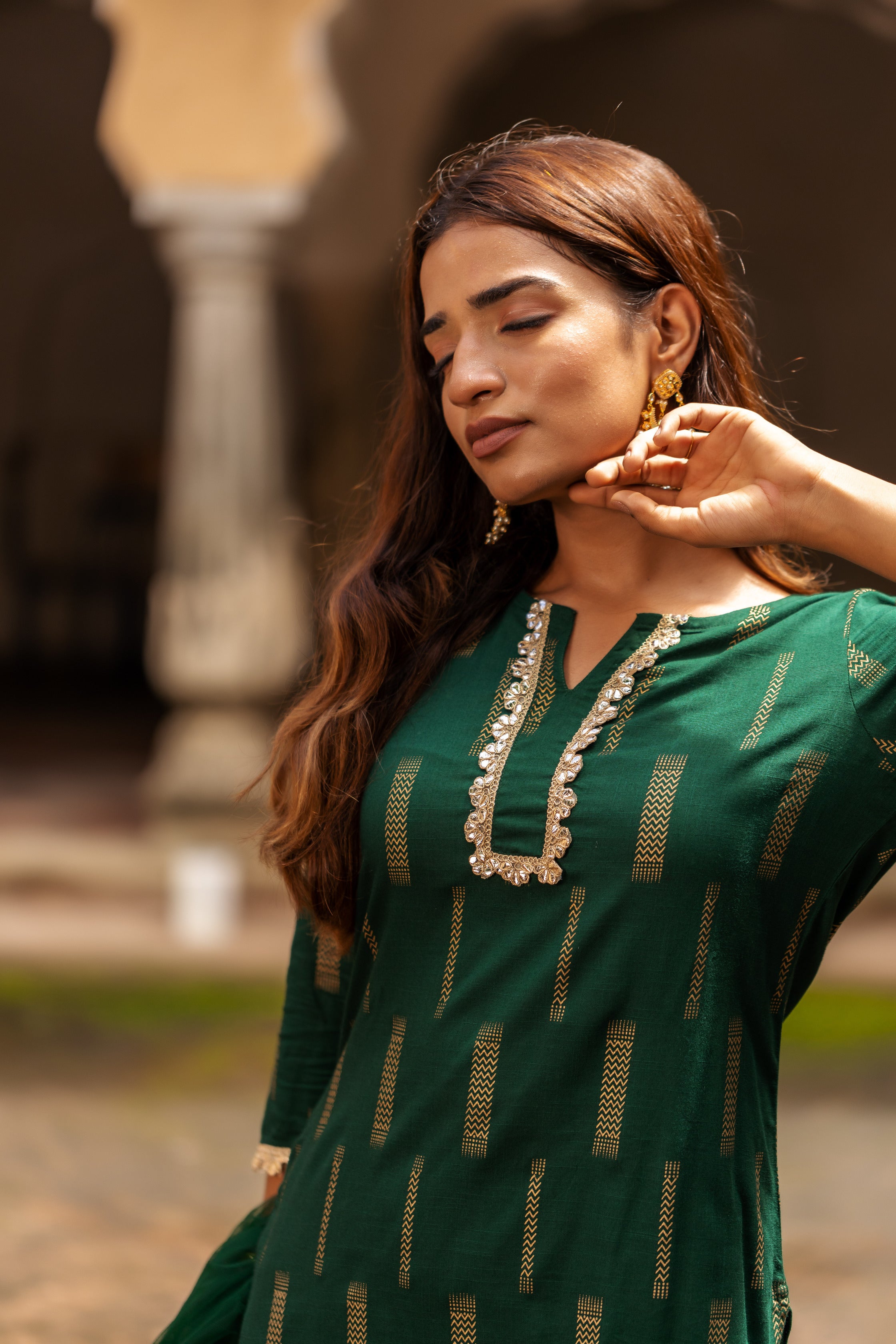 green-gold-printed-straight-kurti-set-with-round-neck-and-quarter-sleeves-in-rayon-slub-paired-with-tiered-sharara-and-dupatta