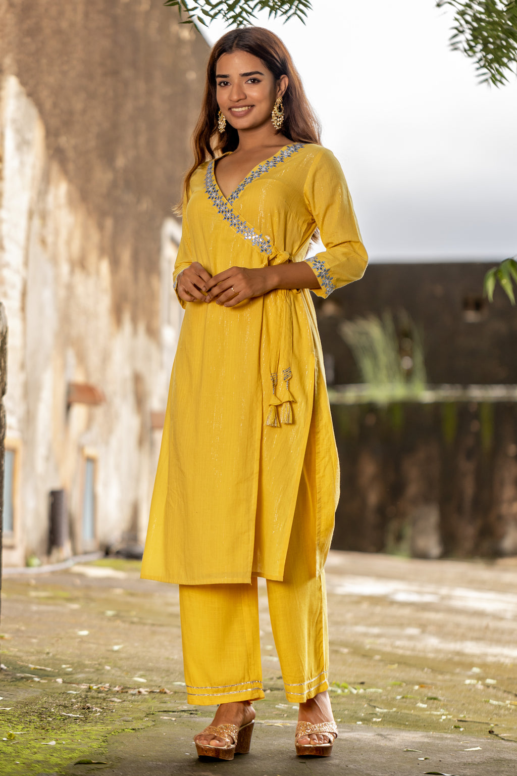 Yellow Embroidered Angarkha style Straight Kurti with Straight Pant