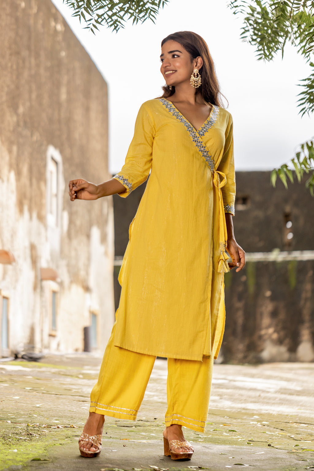 Yellow Embroidered Angarkha style Straight Kurti with Straight Pant