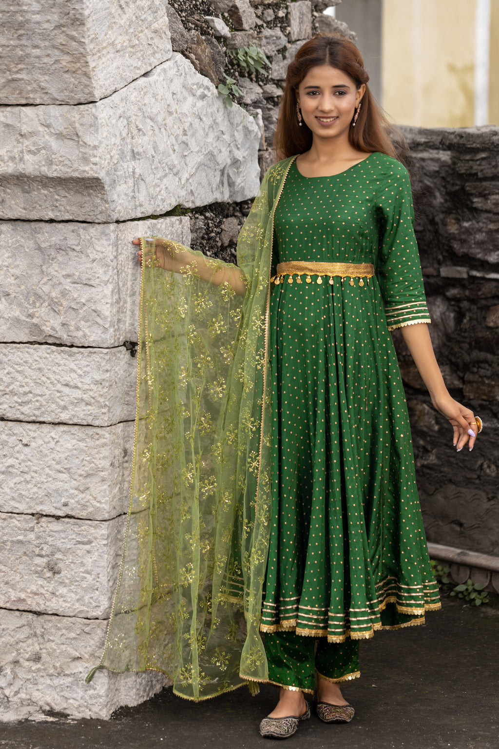 Green Gold Printed Anarkali Kurti with Belt and Narrow Pant Paired with Dupatta.