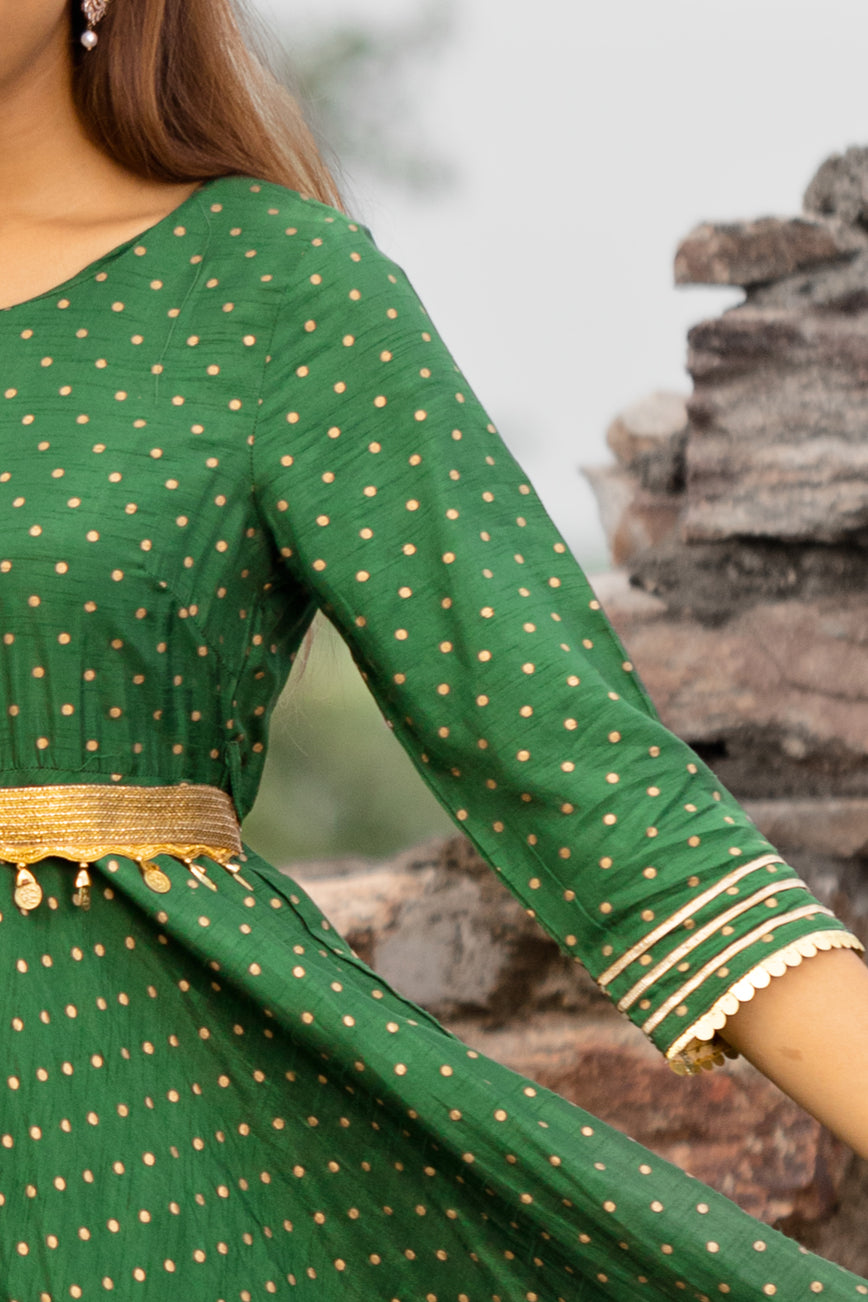 Green Gold Printed Anarkali Kurti with Belt and Narrow Pant Paired with Dupatta.