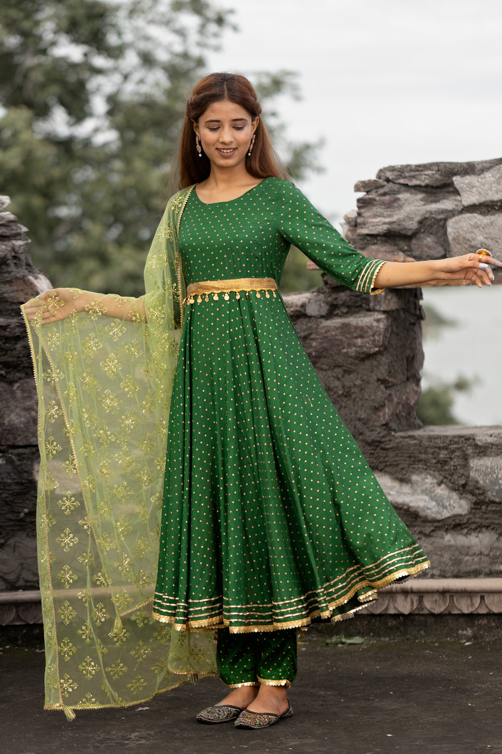 Green Gold Printed Anarkali Kurti with Belt and Narrow Pant Paired with Dupatta.