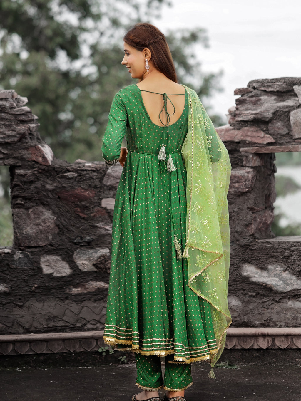 Green Gold Printed Anarkali Kurti with Belt and Narrow Pant Paired with Dupatta.